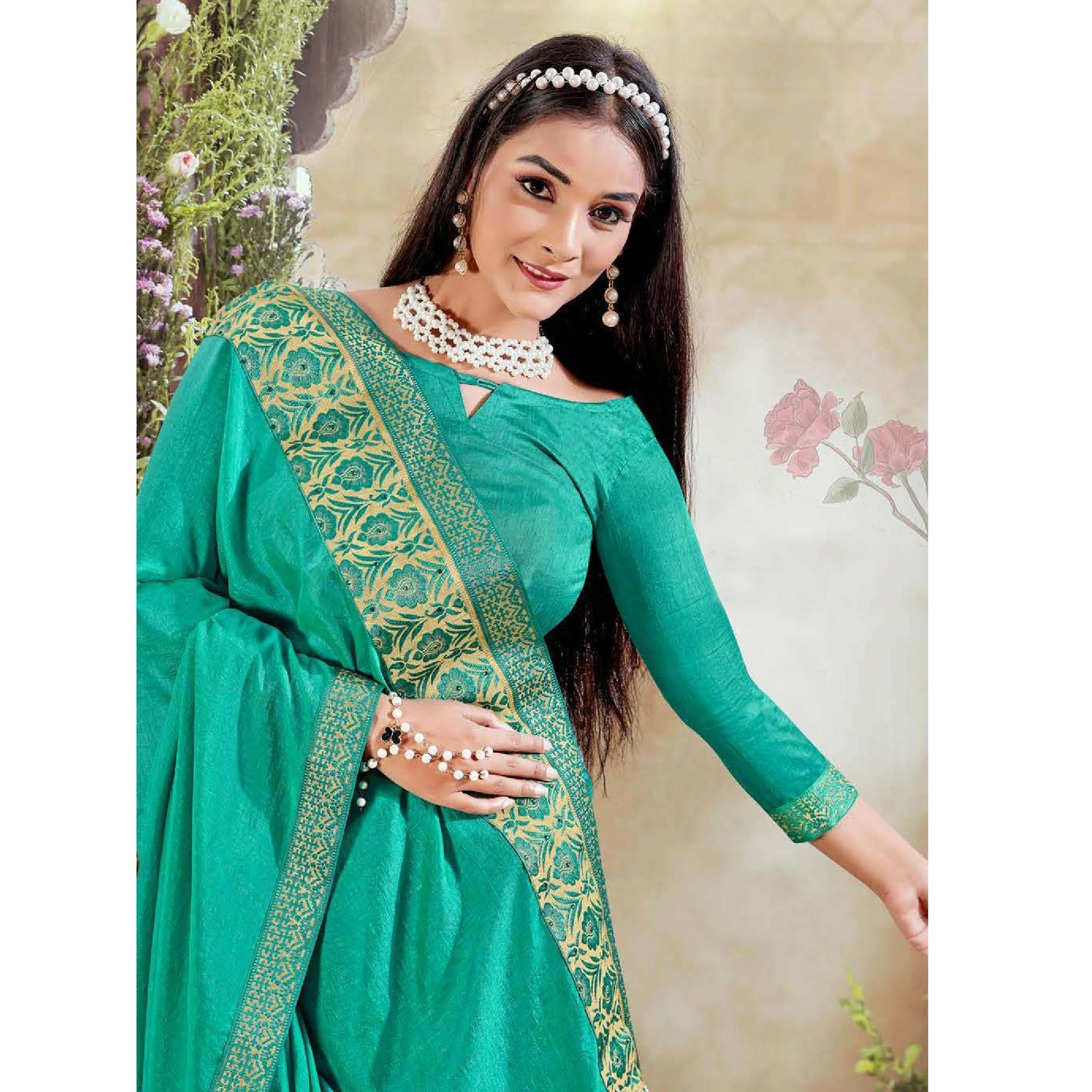 Turquoise Casual Wear Solid Silk Saree With Fancy Border - Peachmode