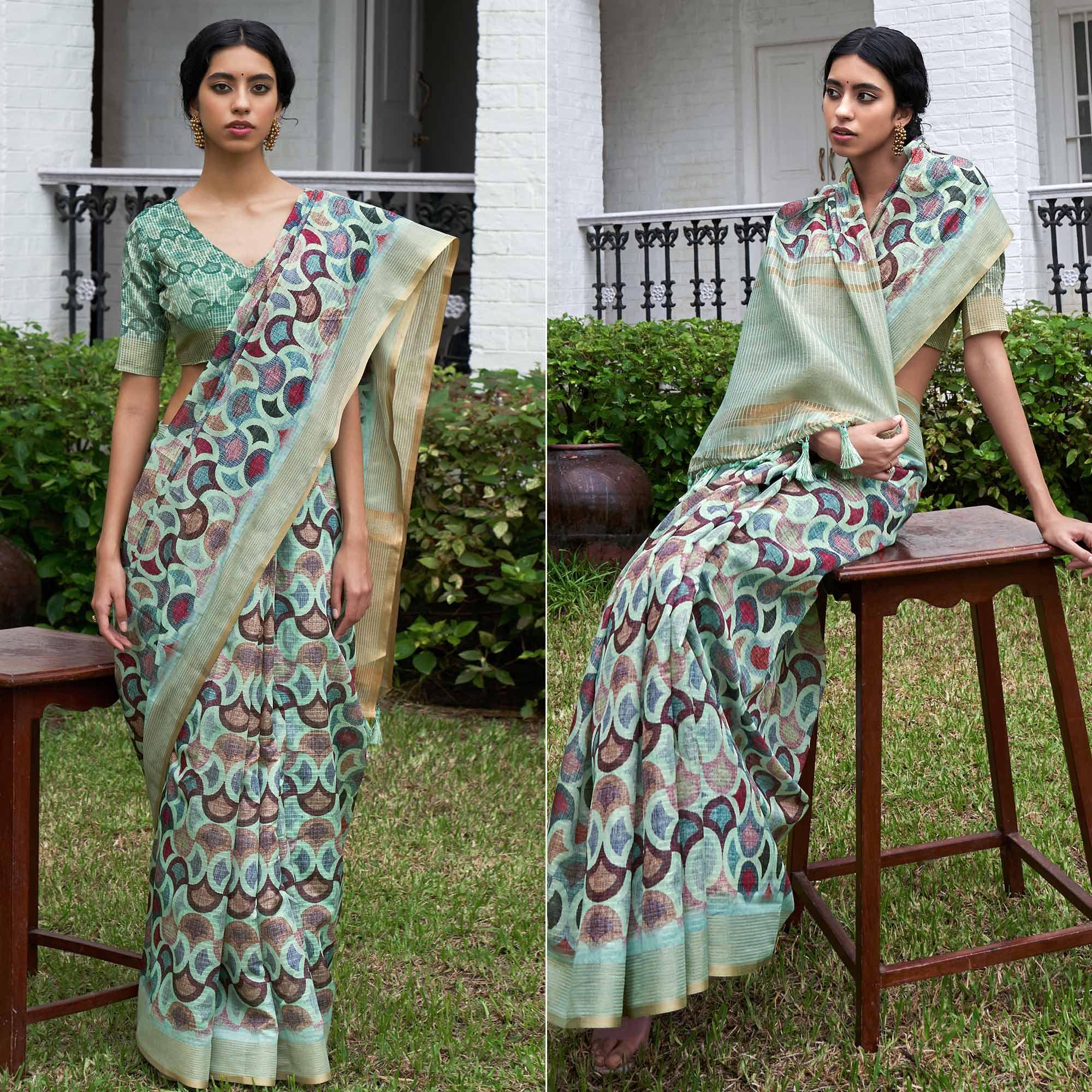 Turquoise Digital Printed Art Silk Saree - Peachmode