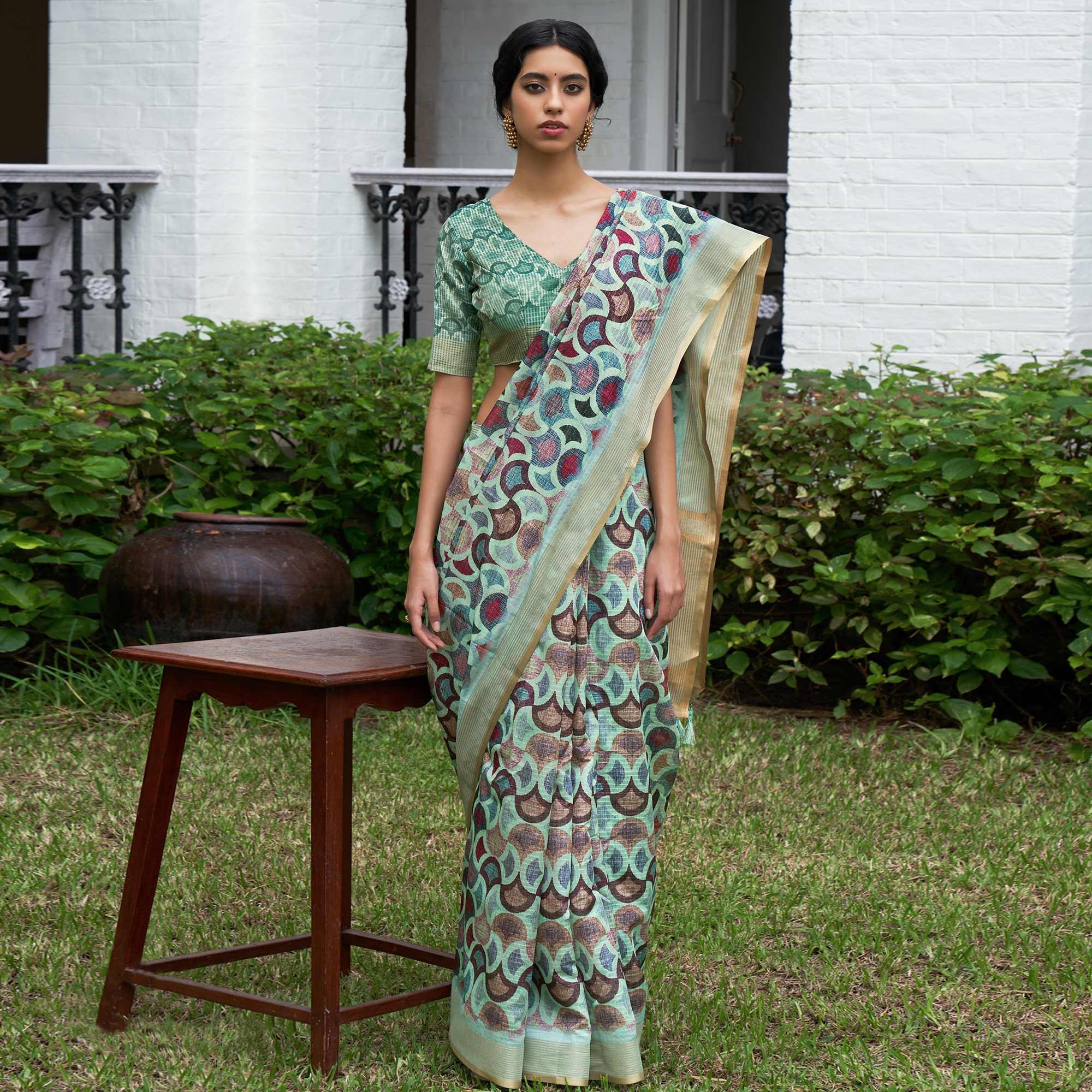 Turquoise Digital Printed Art Silk Saree - Peachmode