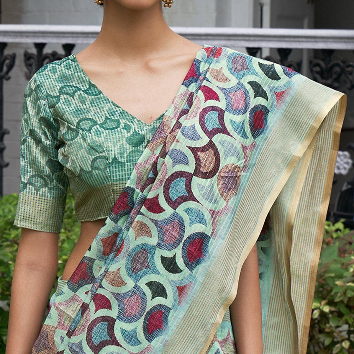 Turquoise Digital Printed Art Silk Saree - Peachmode