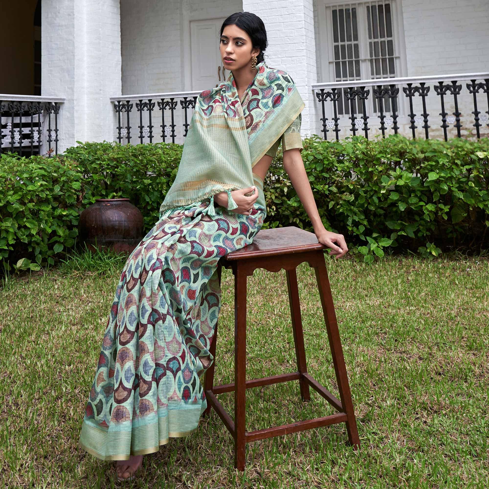 Turquoise Digital Printed Art Silk Saree - Peachmode