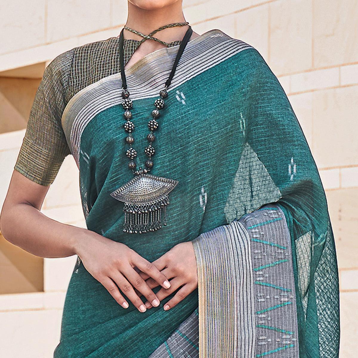 Turquoise Digital Printed Art Silk Saree With Tassels - Peachmode