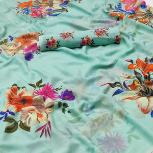 Turquoise Digital Printed Georgette Saree - Peachmode