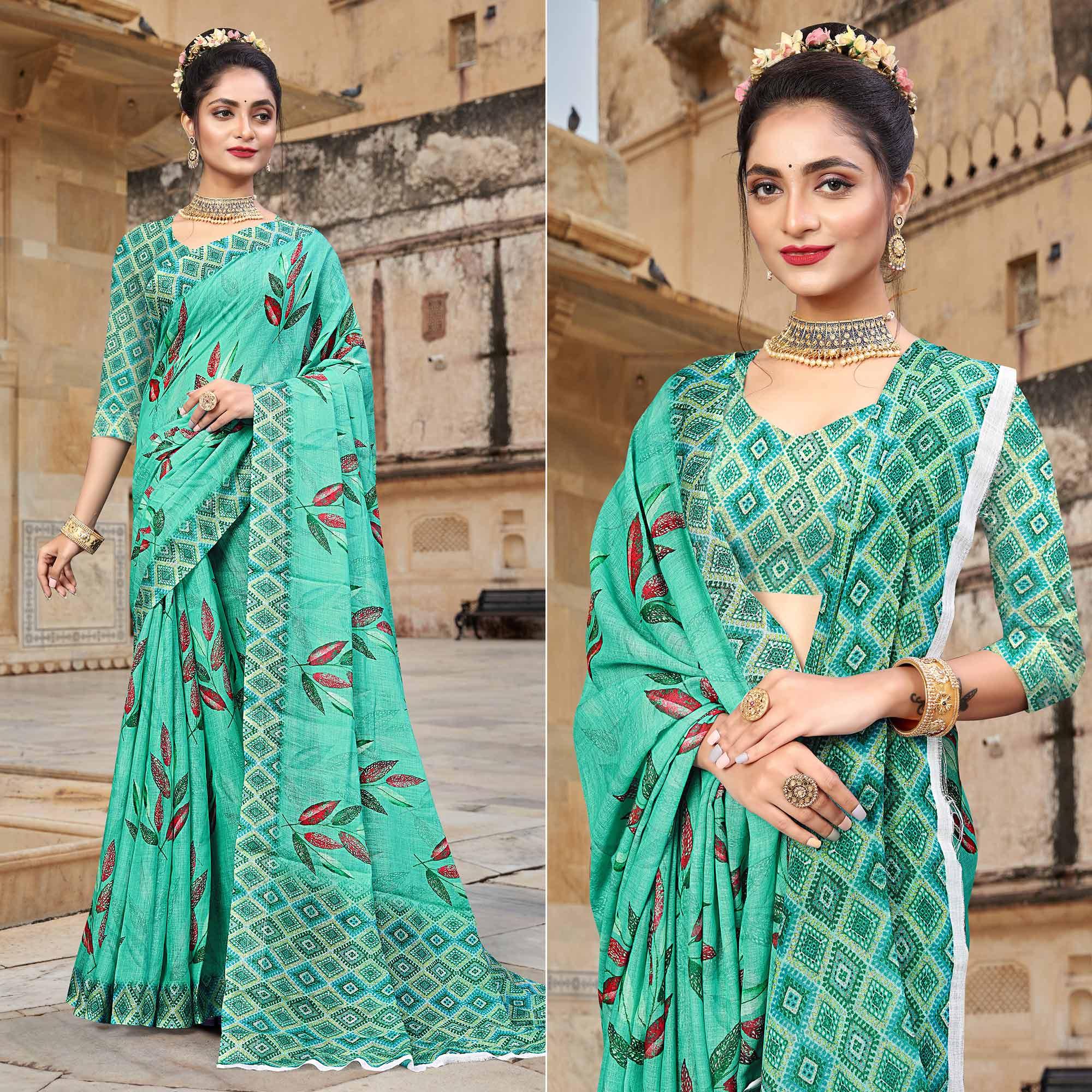 Turquoise Digital Printed Linen Saree - Peachmode