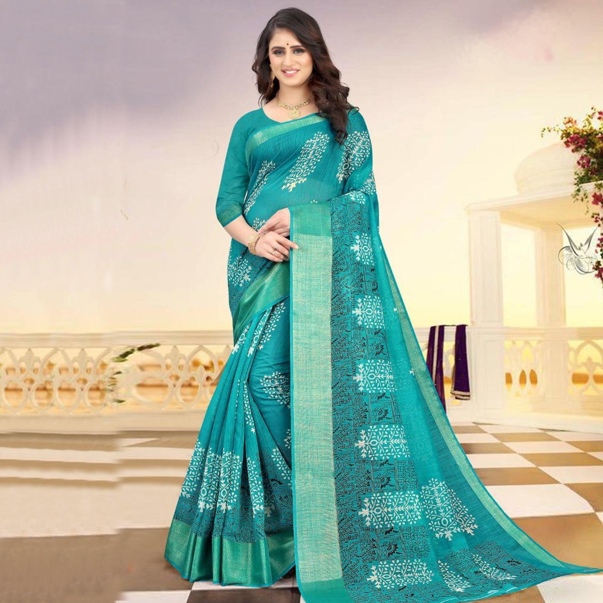 Turquoise Digital Printed Poly Cotton Saree - Peachmode