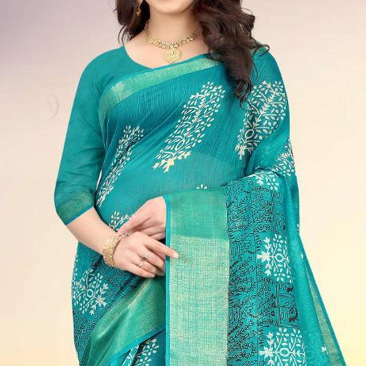 Turquoise Digital Printed Poly Cotton Saree - Peachmode