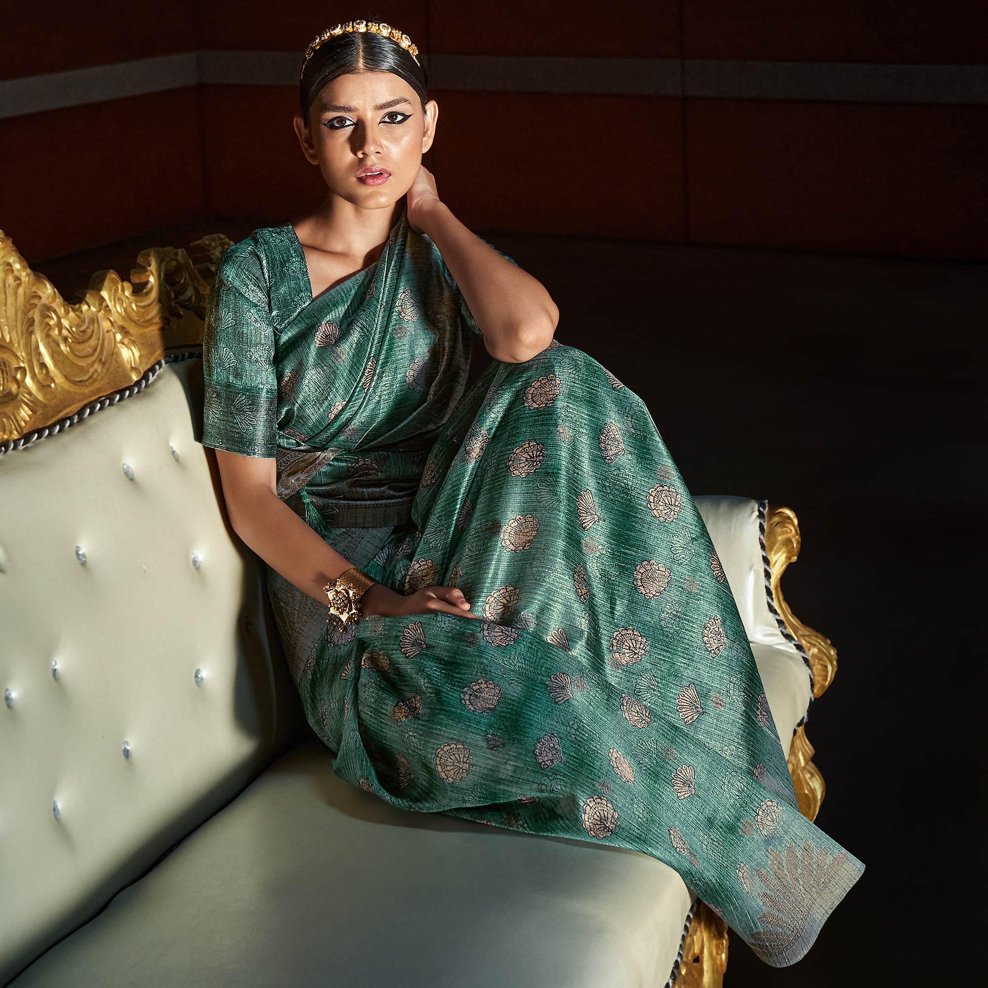 Turquoise digital Printed Raw Silk Saree With Tassels - Peachmode