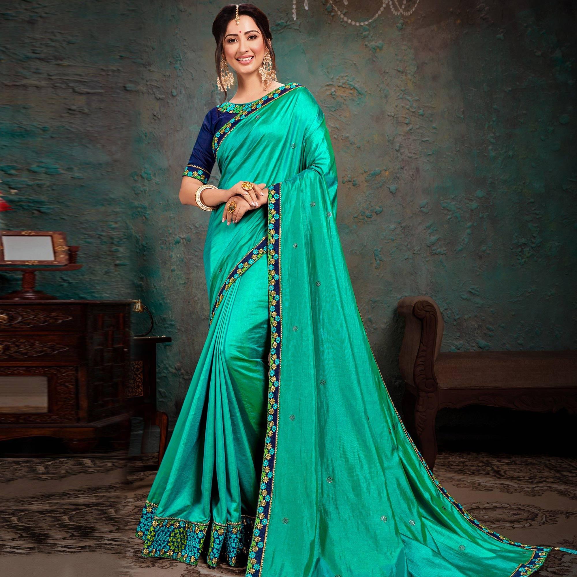 Turquoise Embellished With Embroidered Art Silk Saree - Peachmode