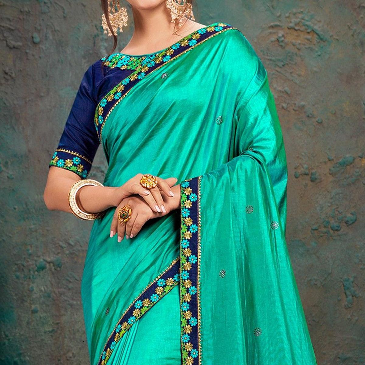 Turquoise Embellished With Embroidered Art Silk Saree - Peachmode