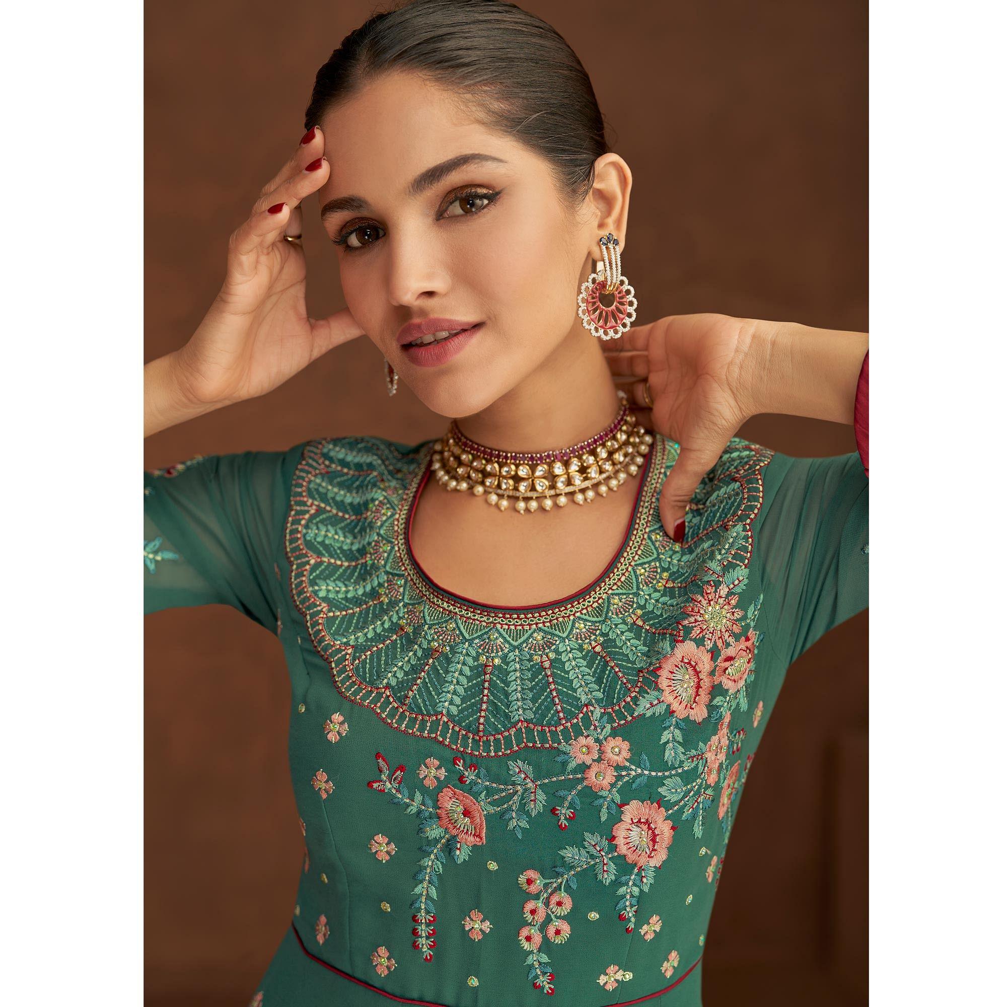 Turquoise Embellished With Embroidered Georgette Palazzo Suit - Peachmode