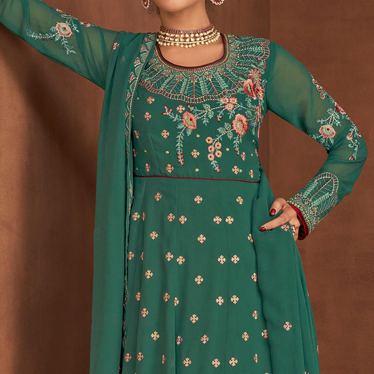Turquoise Embellished With Embroidered Georgette Palazzo Suit - Peachmode