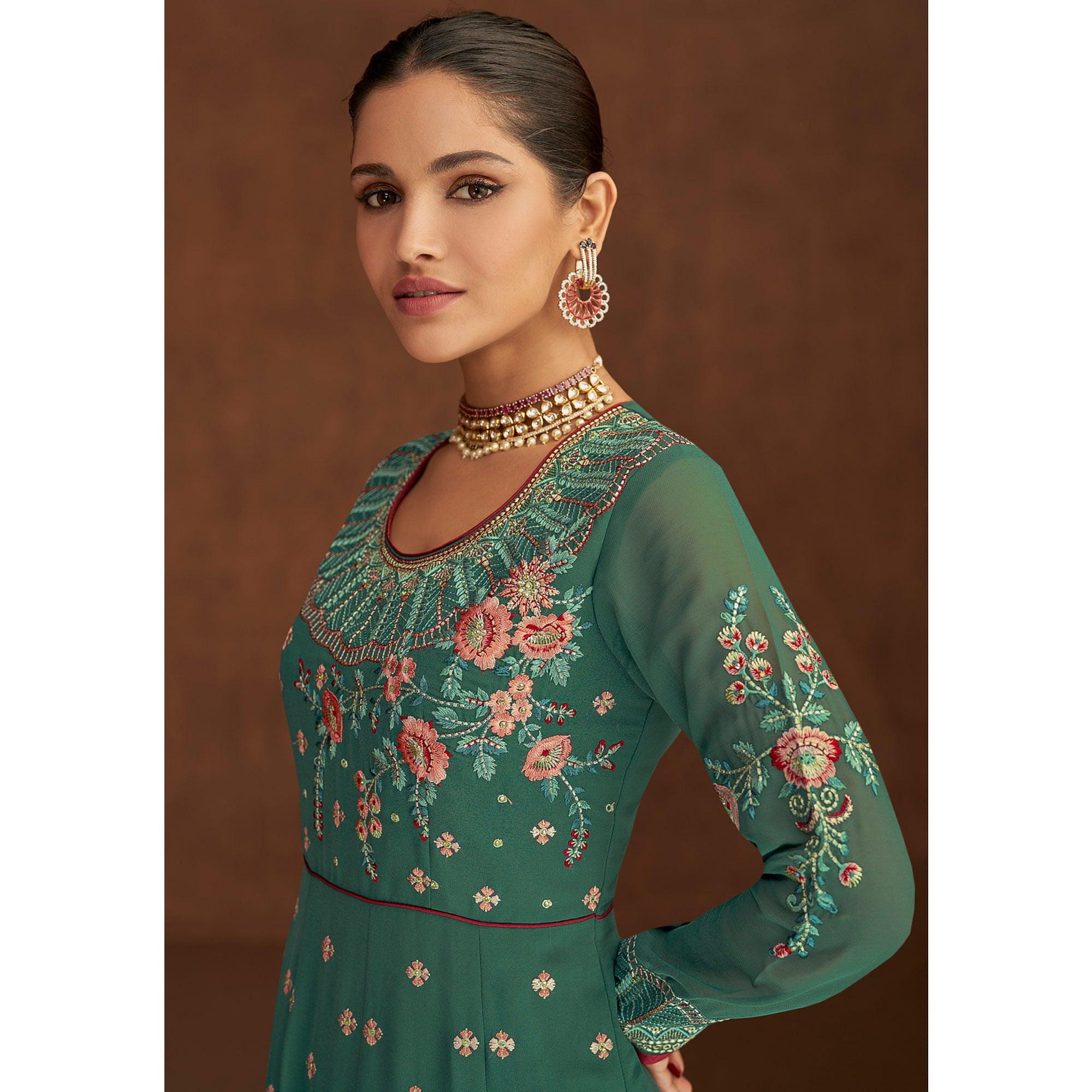 Turquoise Embellished With Embroidered Georgette Palazzo Suit - Peachmode