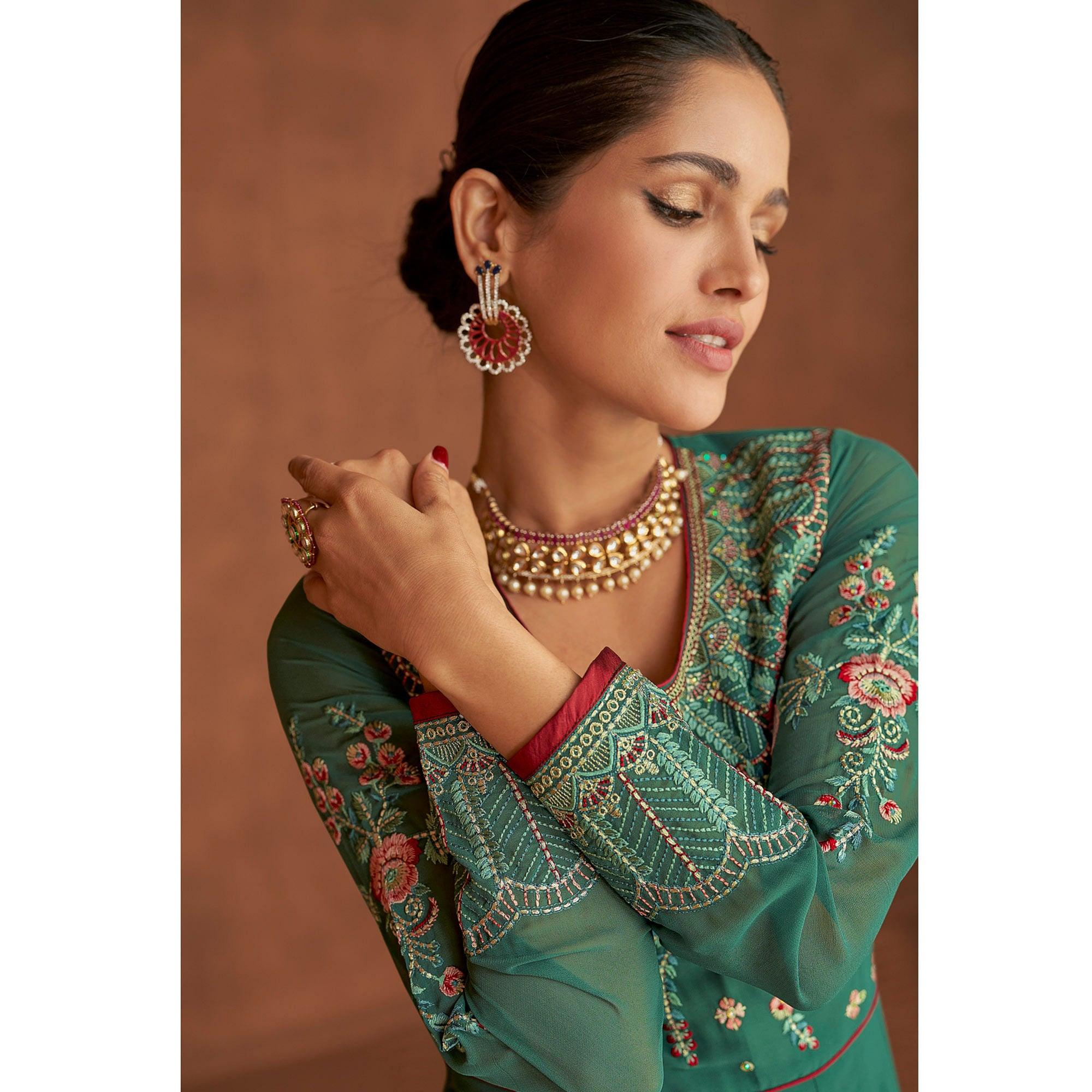 Turquoise Embellished With Embroidered Georgette Palazzo Suit - Peachmode