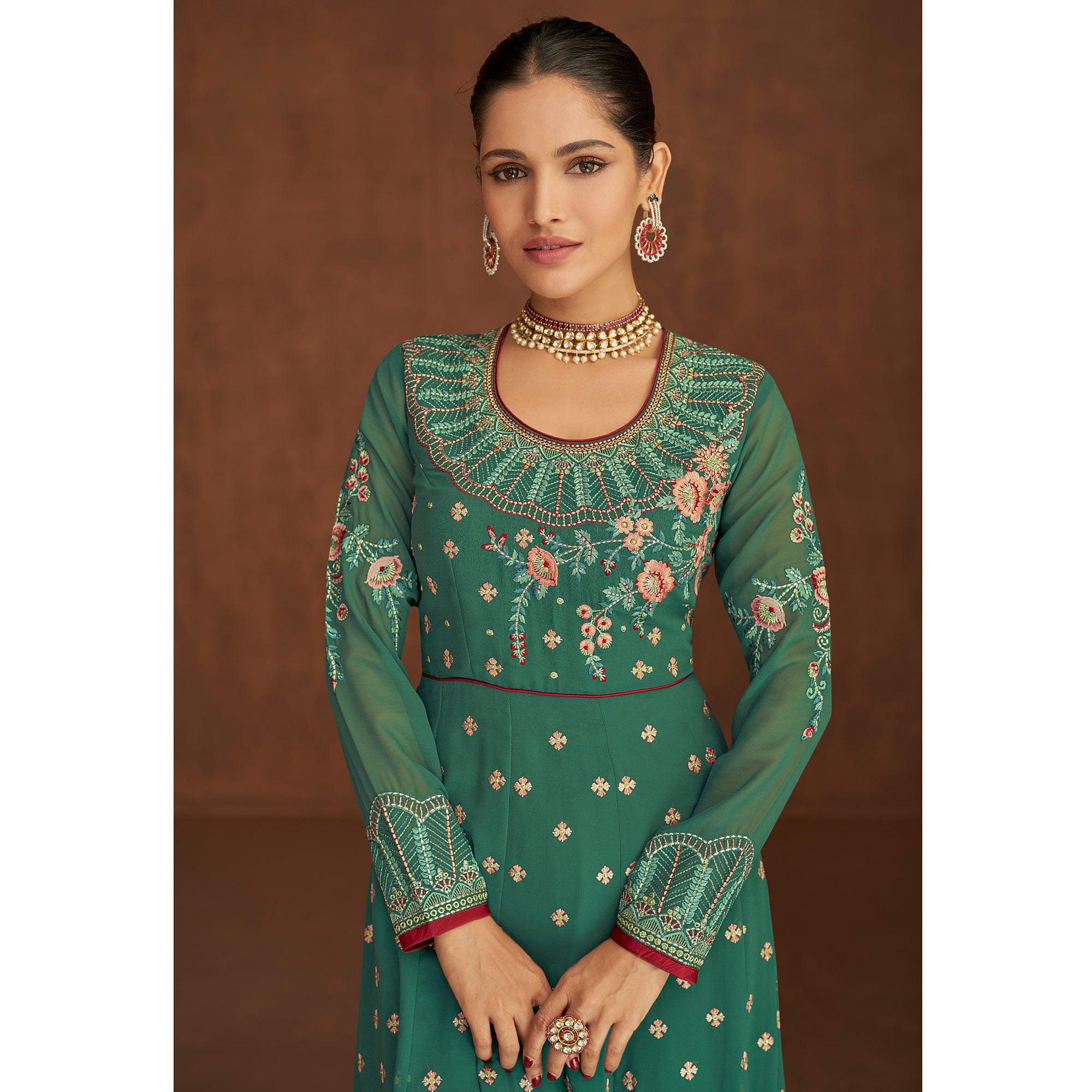 Turquoise Embellished With Embroidered Georgette Palazzo Suit - Peachmode