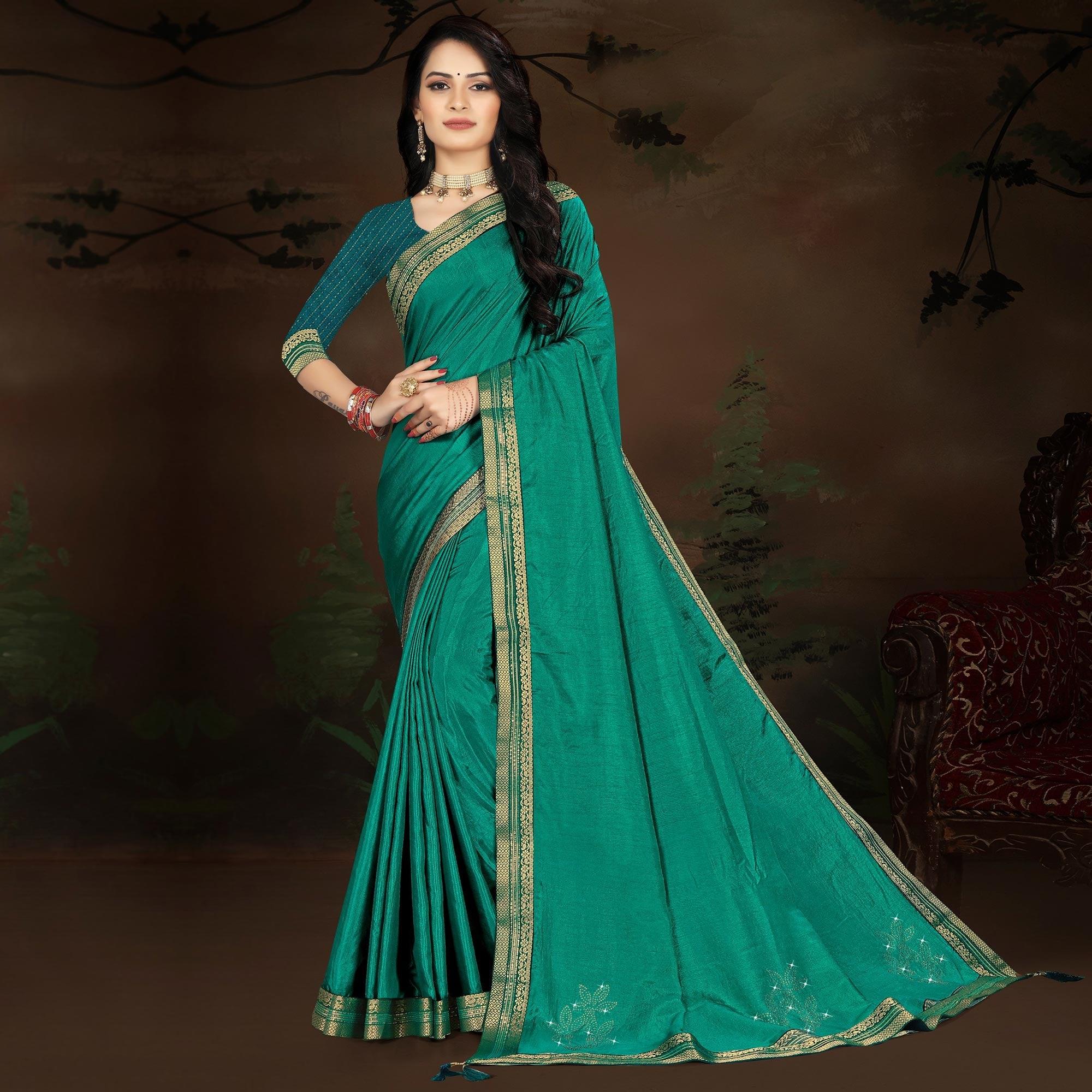 Turquoise Embellished With Embroidered Vichitra Silk Saree - Peachmode
