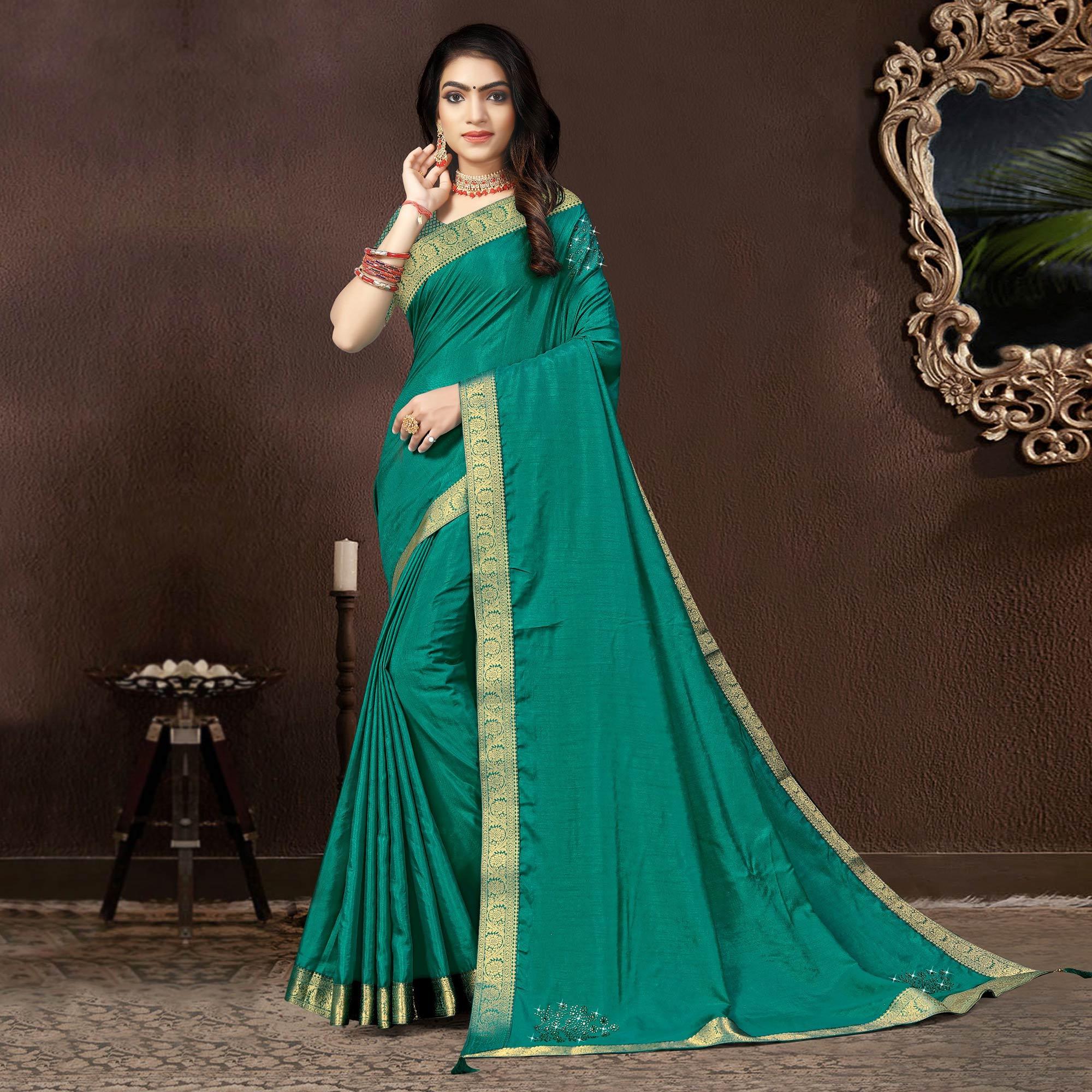 Turquoise Embellished With Embroidered Vichitra Silk Saree - Peachmode