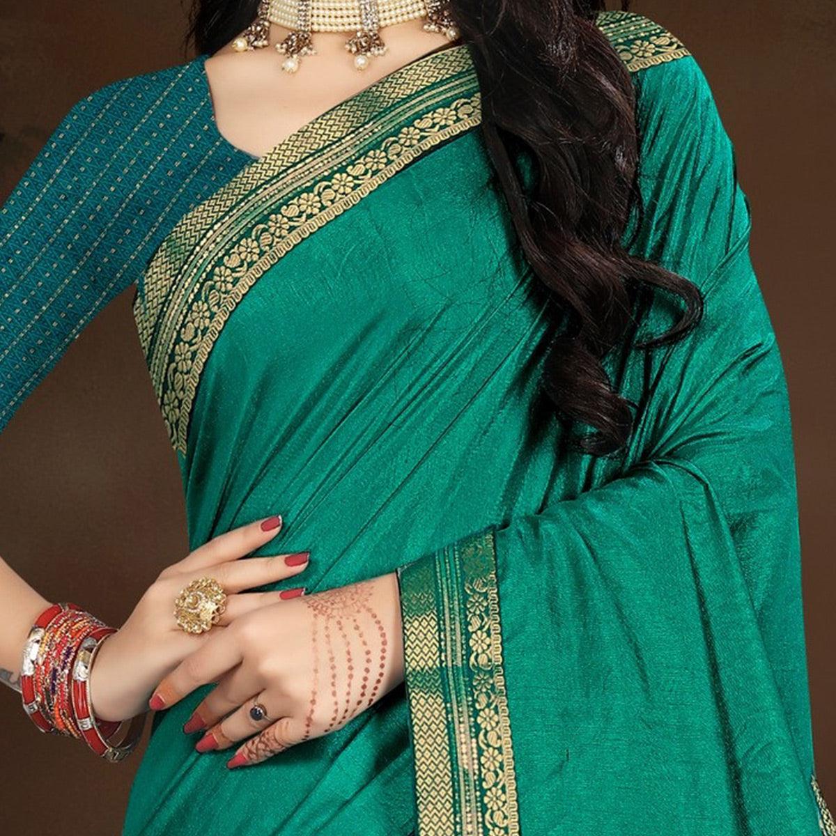 Turquoise Embellished With Embroidered Vichitra Silk Saree - Peachmode