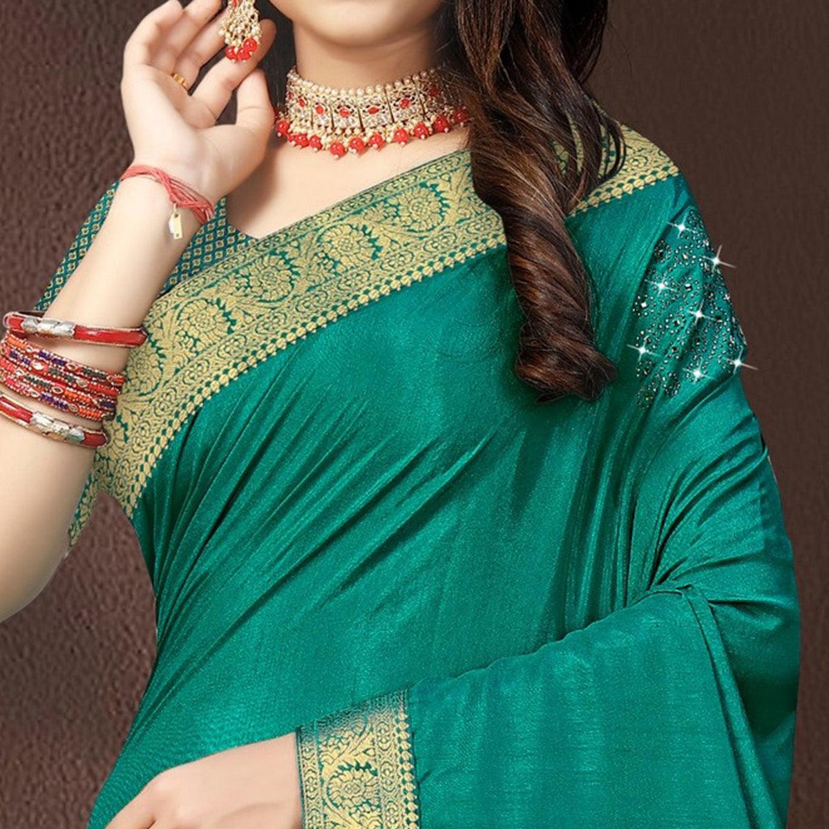 Turquoise Embellished With Embroidered Vichitra Silk Saree - Peachmode