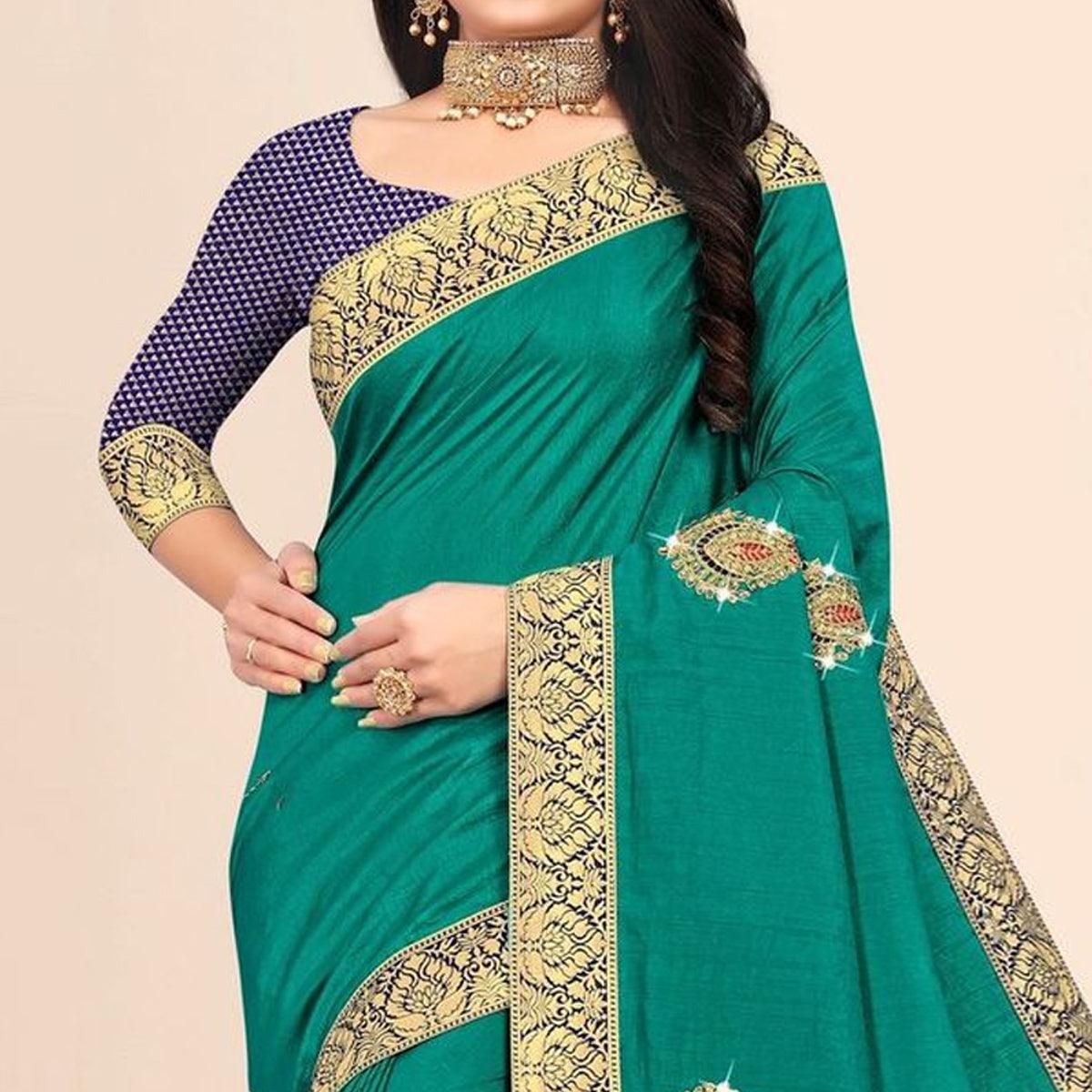 Turquoise Embellished With Embroidered Vichitra Silk Saree - Peachmode