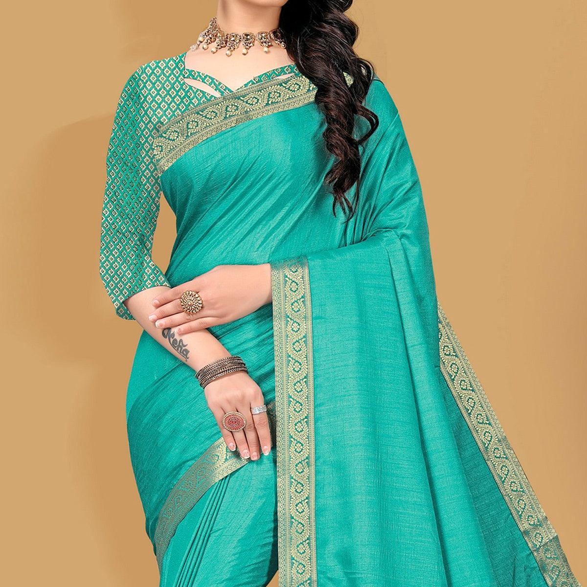 Turquoise Embellished With Embroidered Vichitra Silk Saree - Peachmode