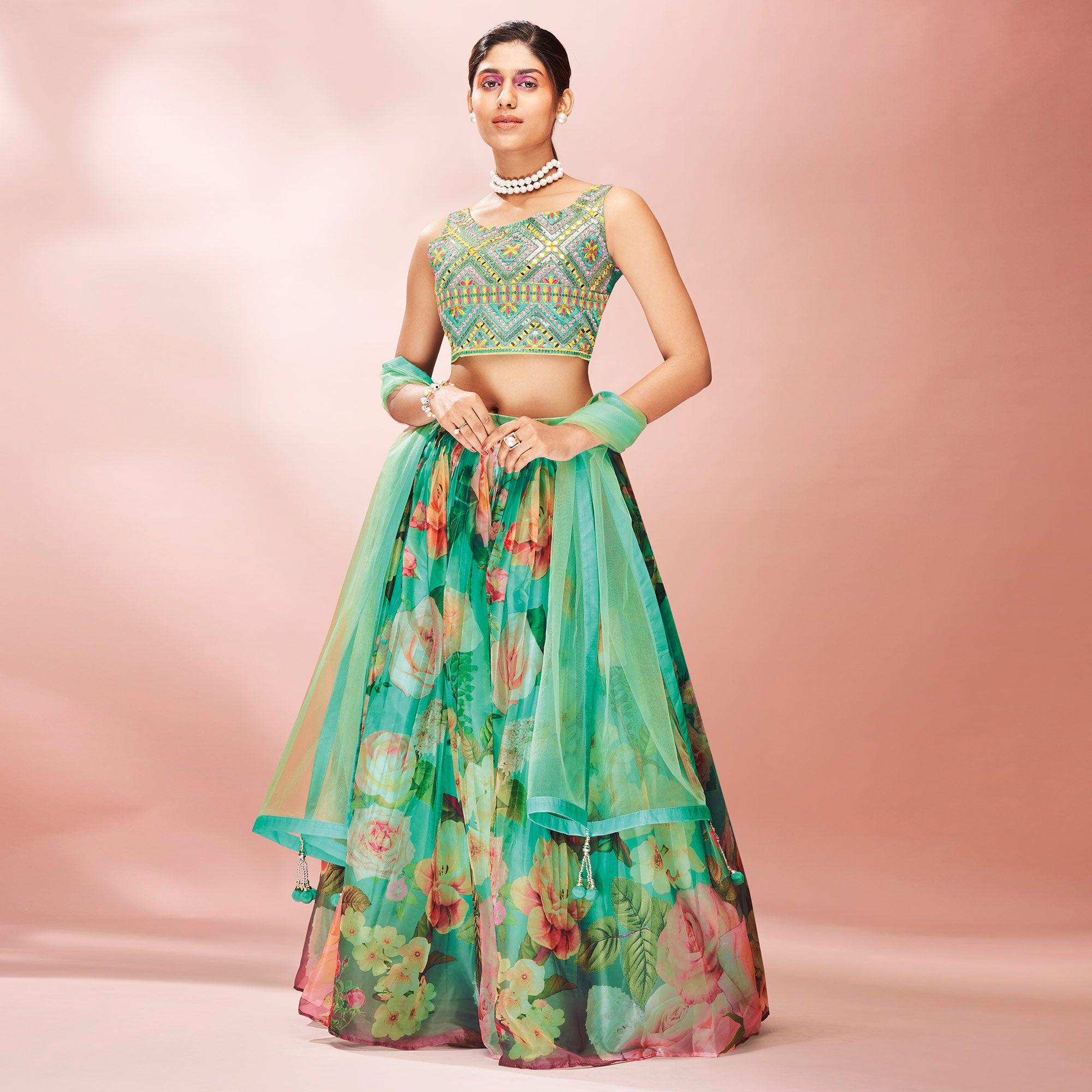 Turquoise Embellished With Printed Organza Lehenga Choli - Peachmode