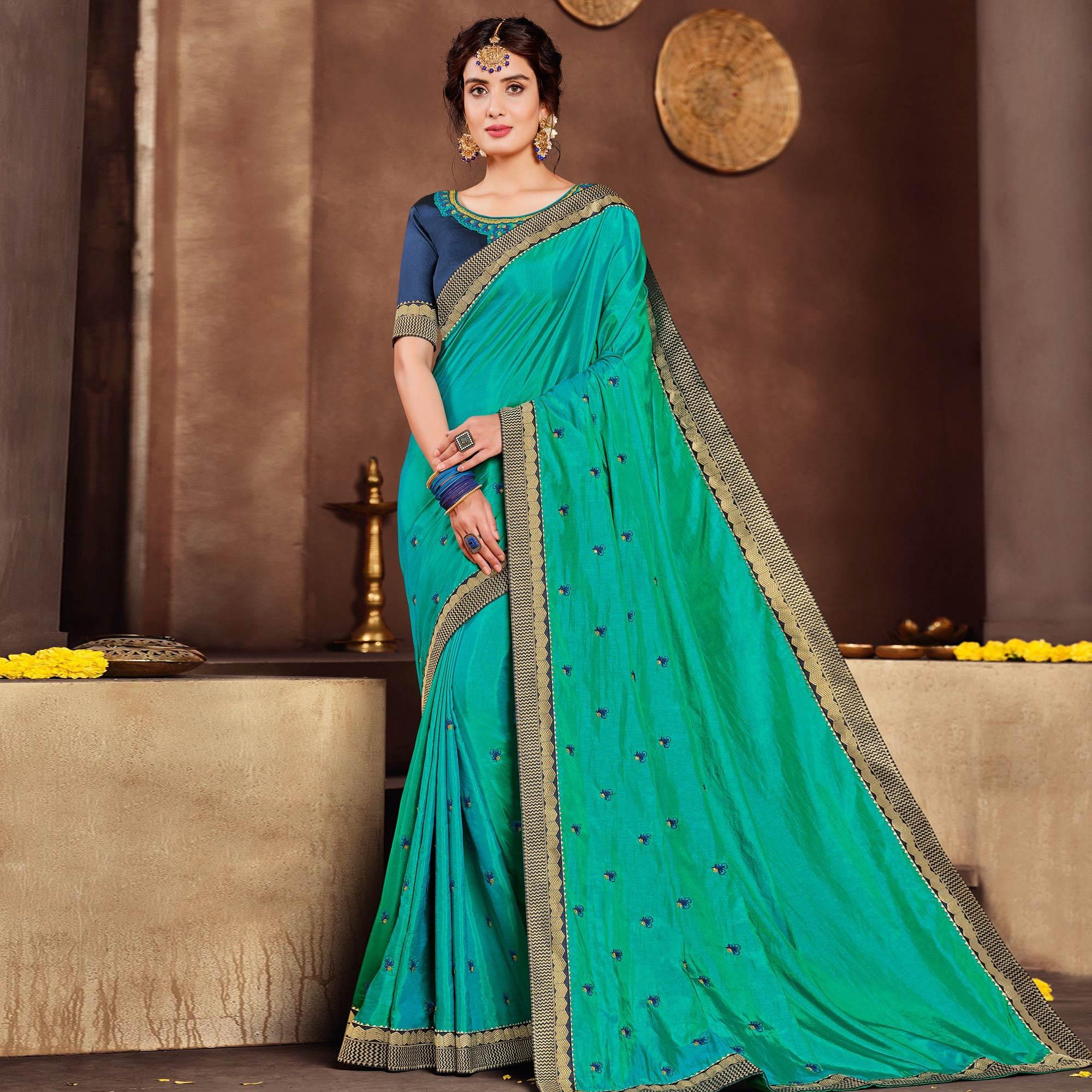 Turquoise Embroidered Art Silk Saree - Peachmode