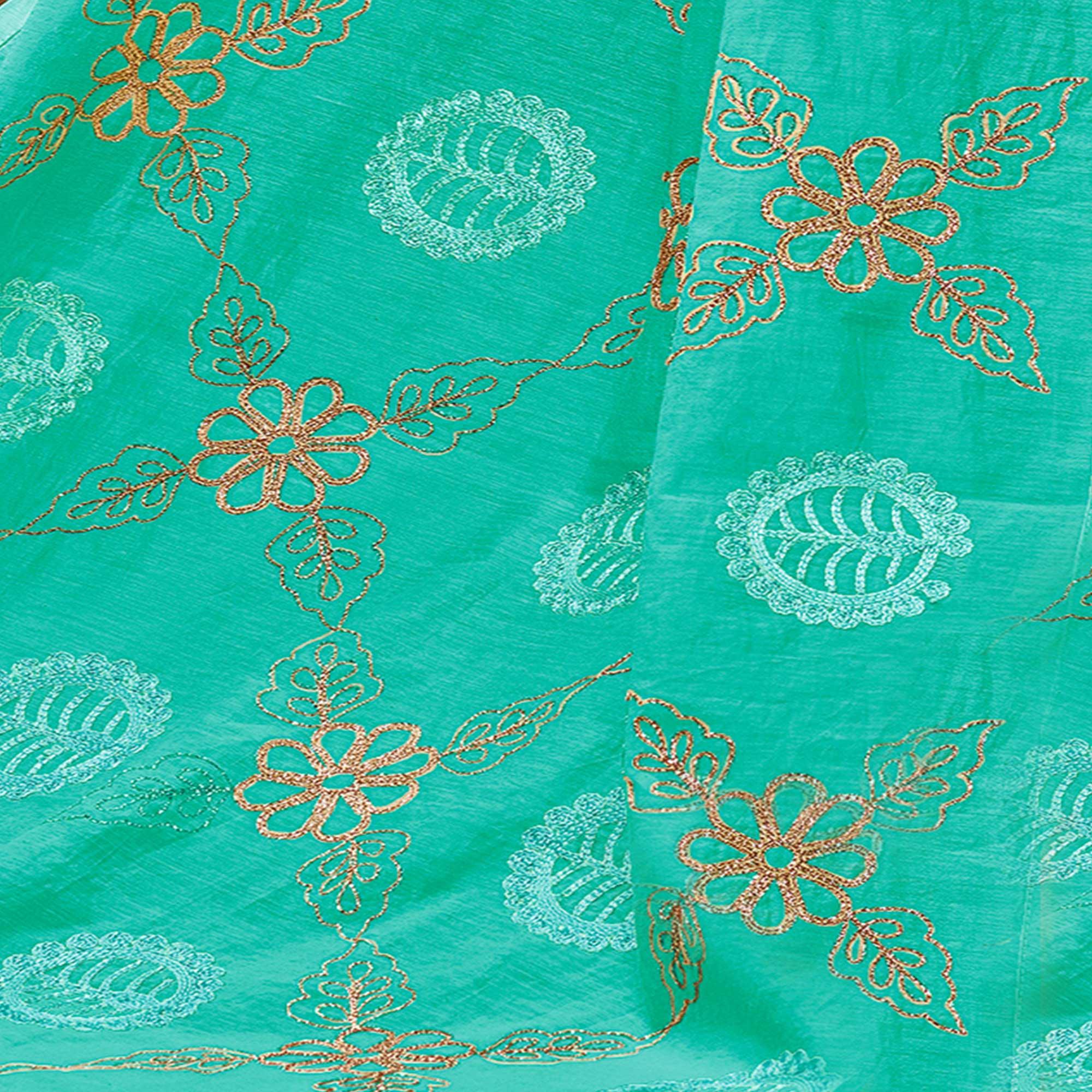 Turquoise Embroidered Chanderi Cotton Dress Material Palazzo Suit - Peachmode