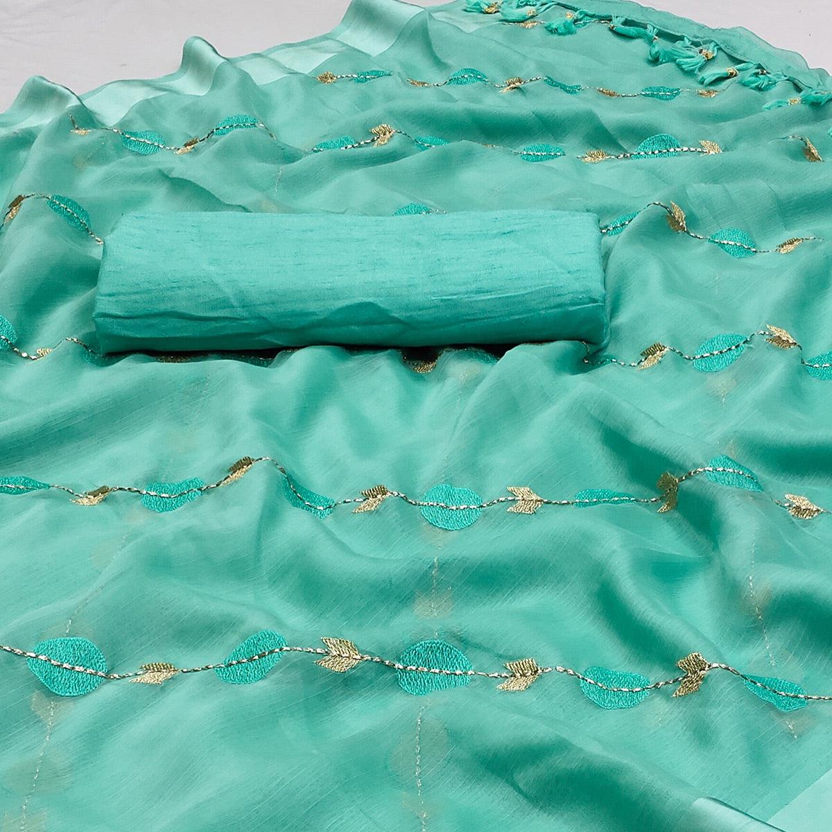 Turquoise Embroidered Chiffon Saree - Peachmode