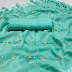 Turquoise Embroidered Chiffon Saree - Peachmode