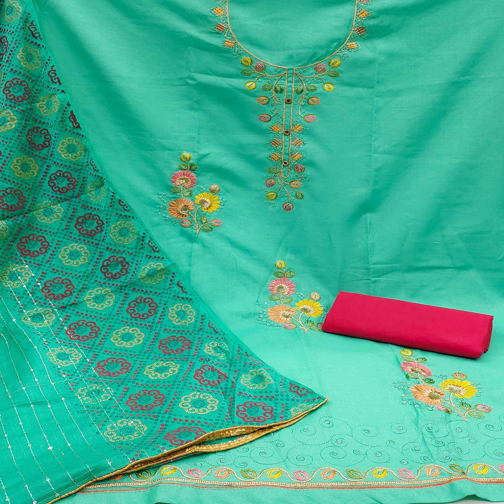 Turquoise Embroidered Cotton Dress Material - Peachmode