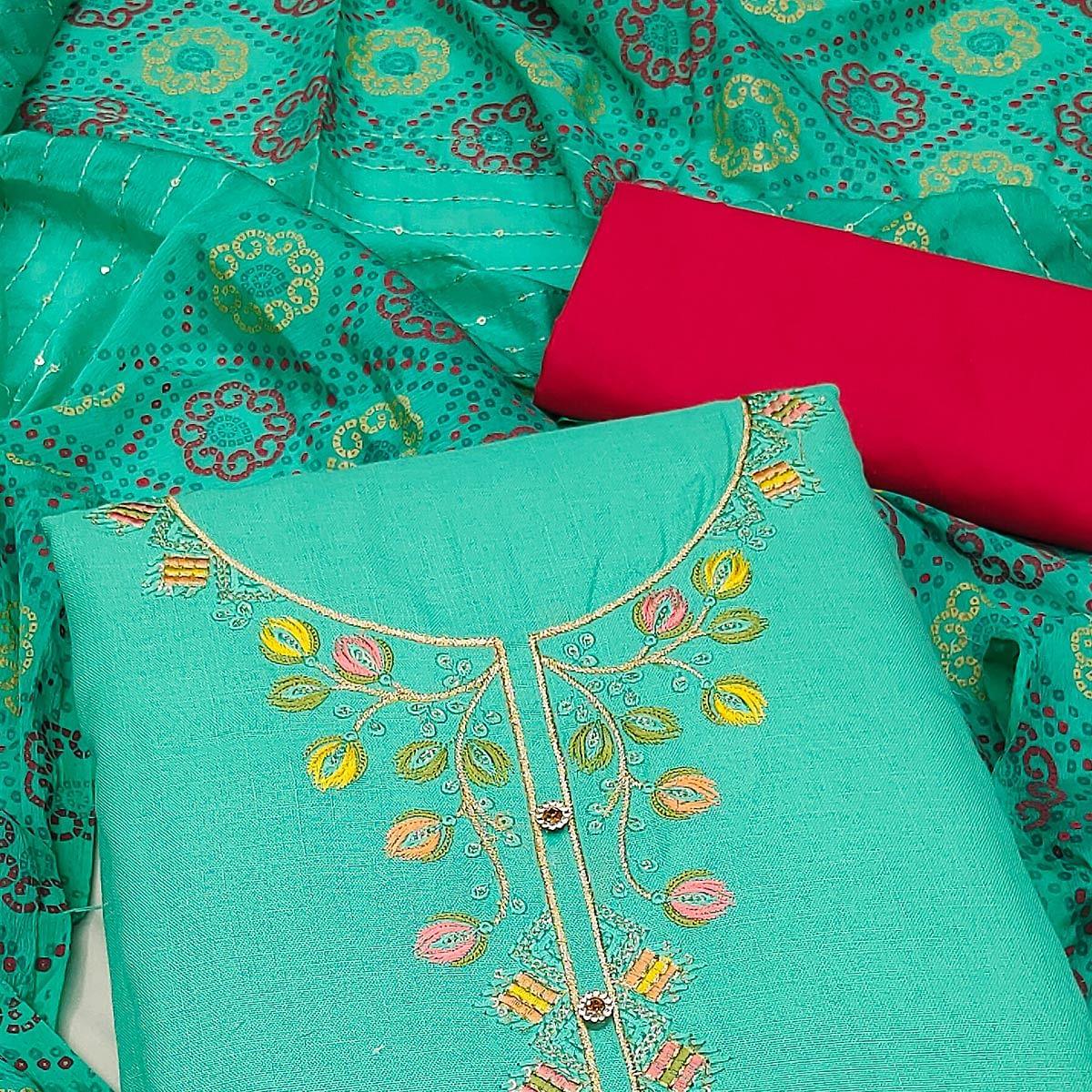 Turquoise Embroidered Cotton Dress Material - Peachmode