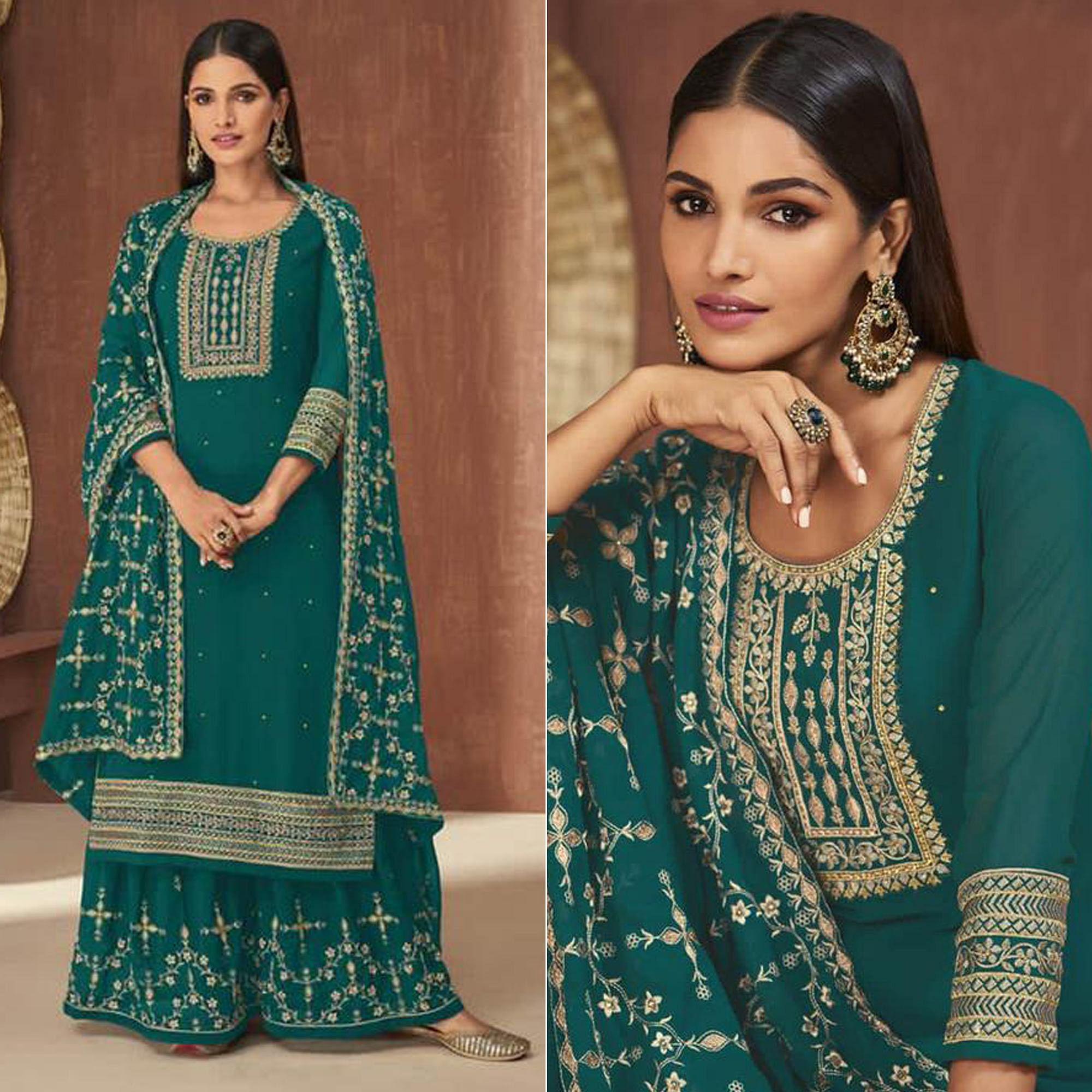 Turquoise Embroidered Georgette Palazzo Suit - Peachmode