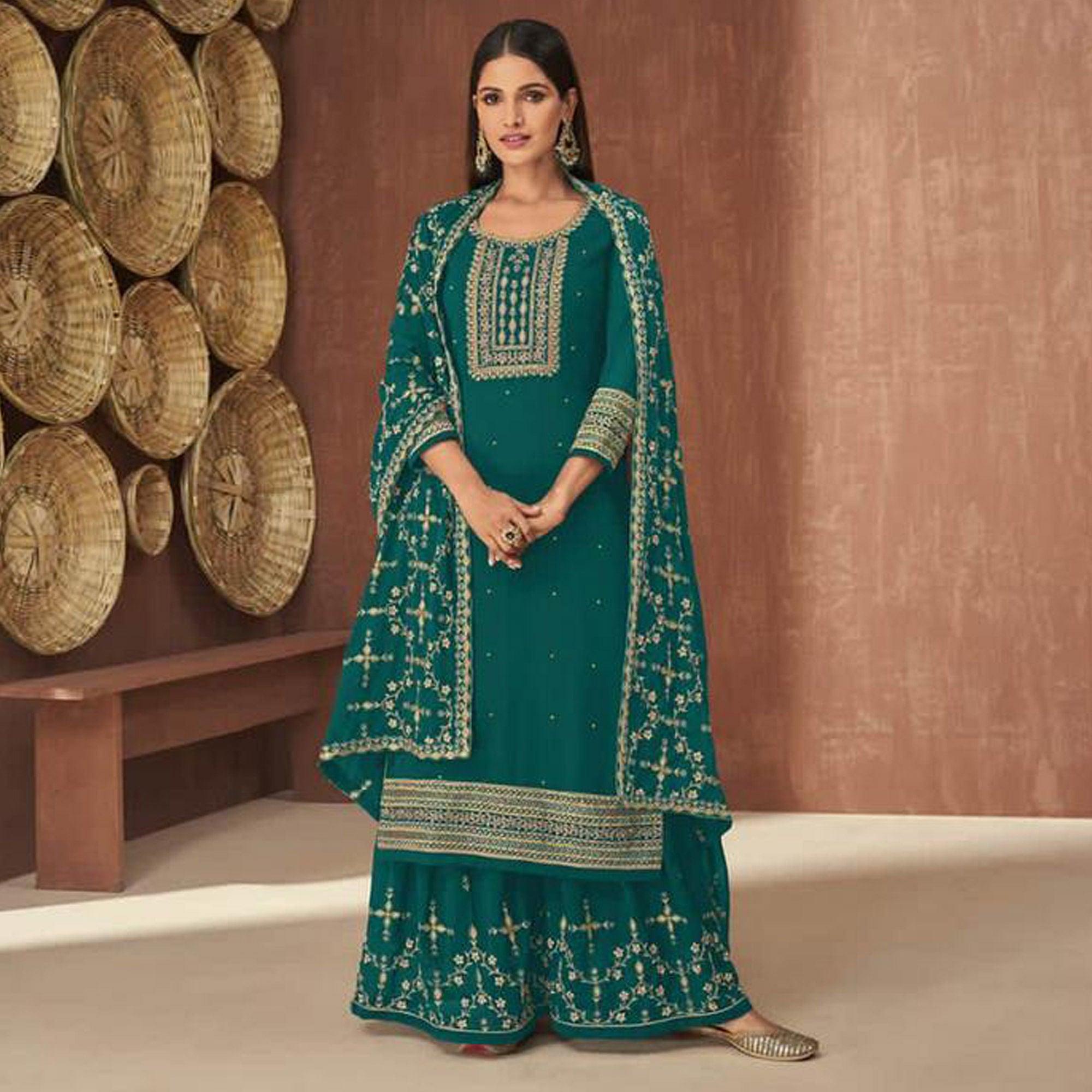 Turquoise Embroidered Georgette Palazzo Suit - Peachmode
