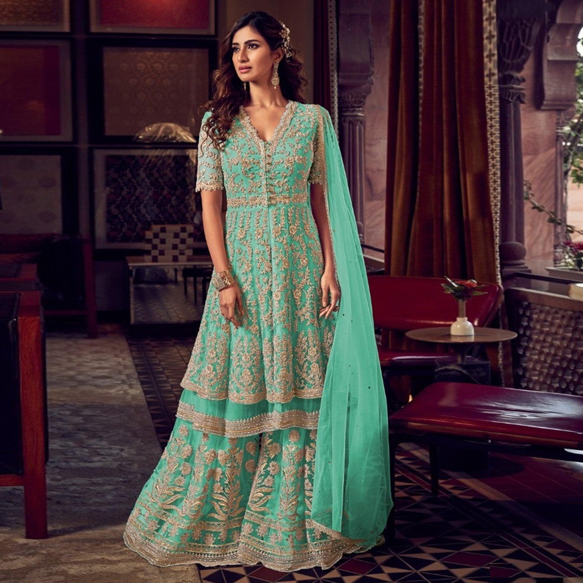 Turquoise Embroidered Indo Western Style Net - Georgette Palazzo Suit - Peachmode