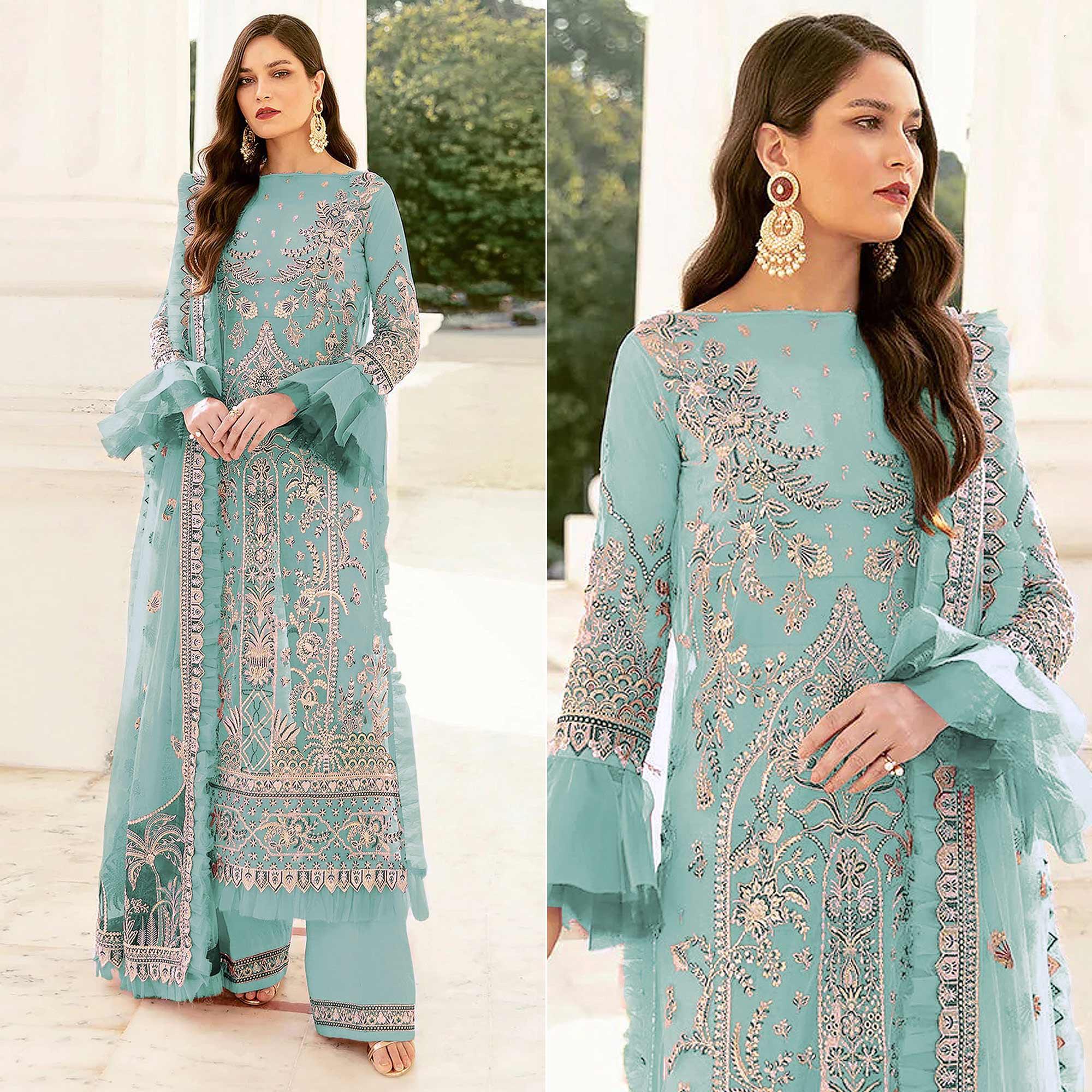Turquoise Embroidered Netted Pakistani Suit - Peachmode