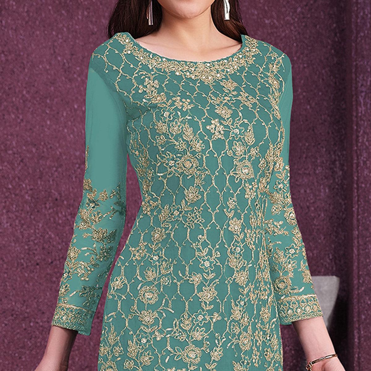 Turquoise Embroidered Netted Suit - Peachmode