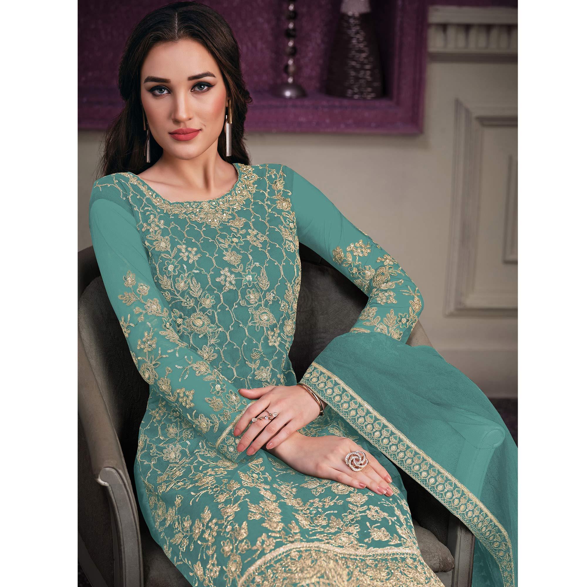 Turquoise Embroidered Netted Suit - Peachmode