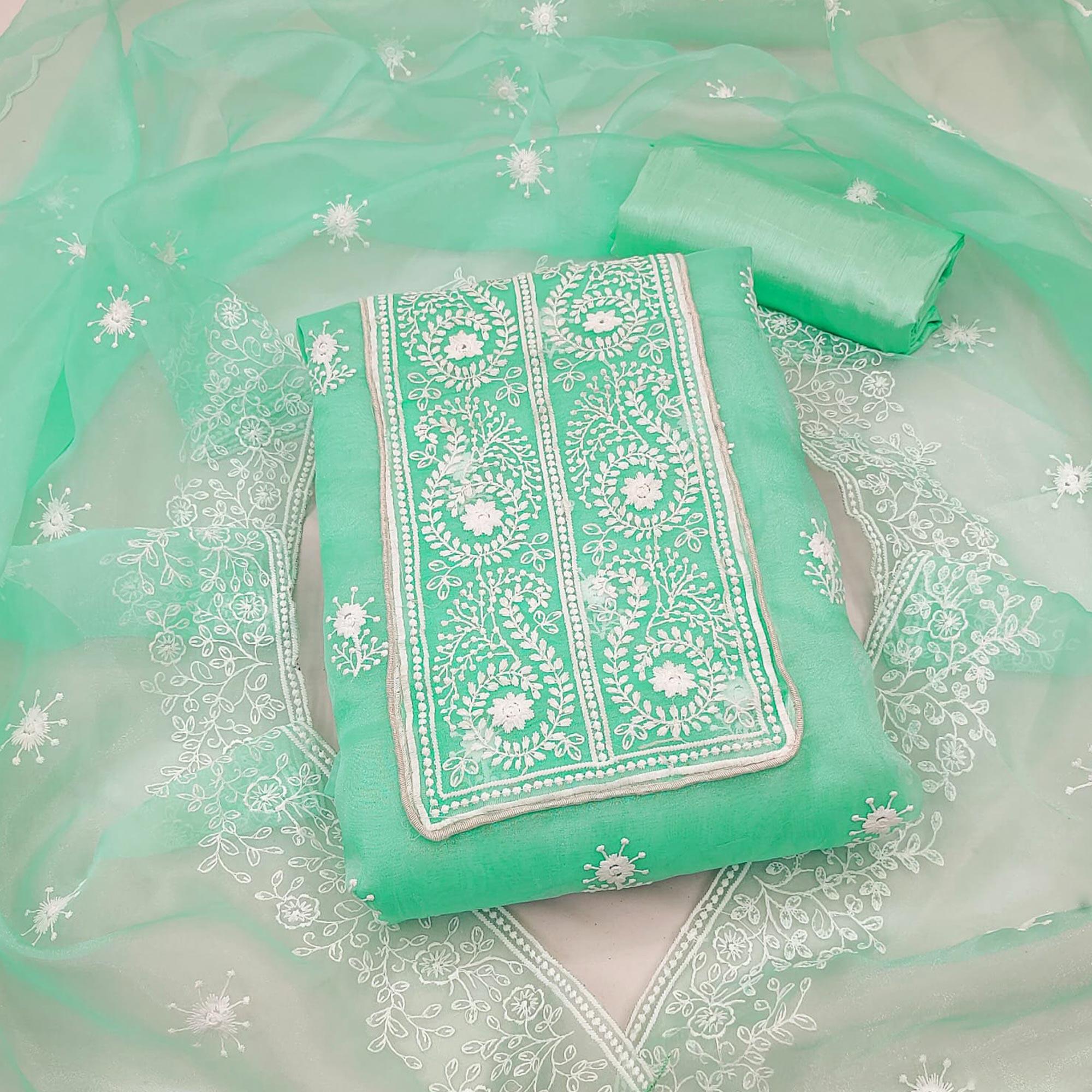 Turquoise Embroidered Organza Dress Material - Peachmode