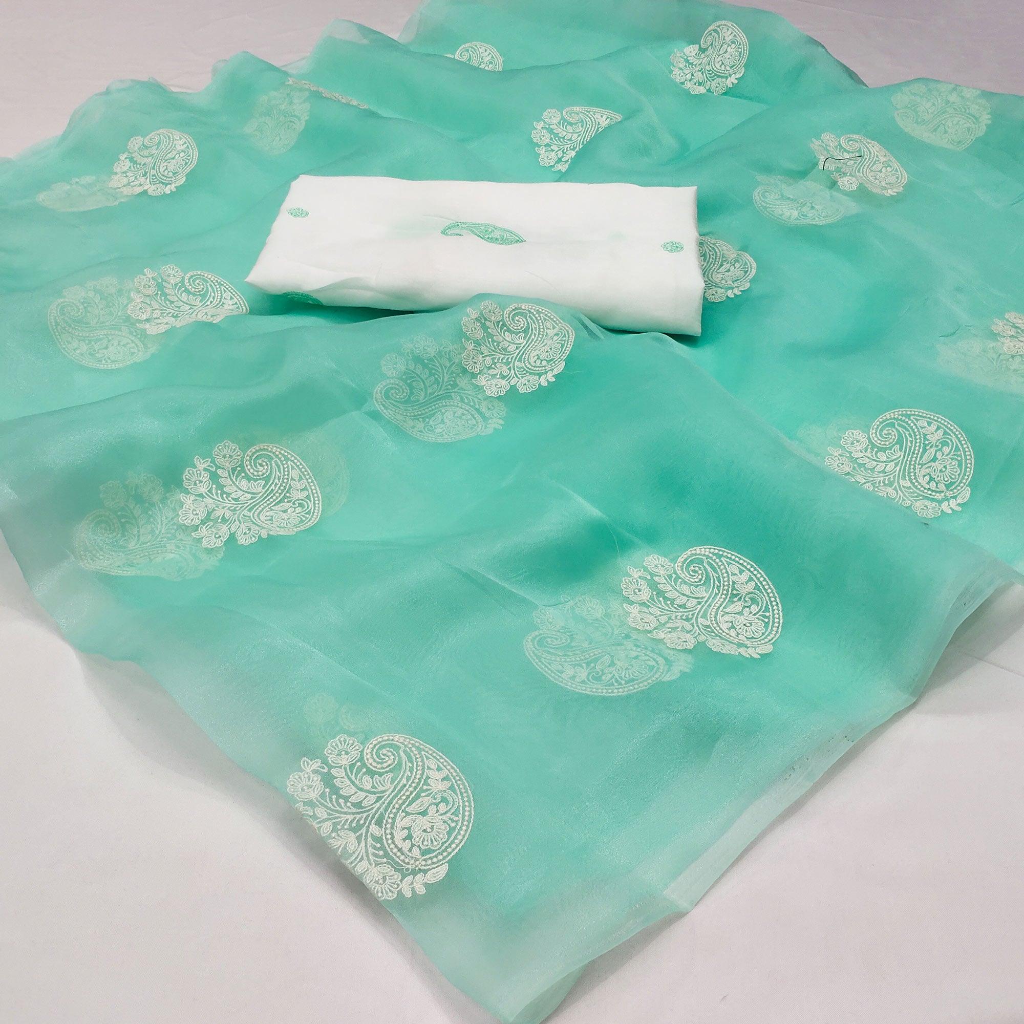 Turquoise Embroidered Organza Saree - Peachmode
