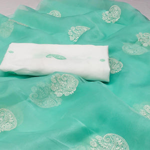 Turquoise Embroidered Organza Saree - Peachmode