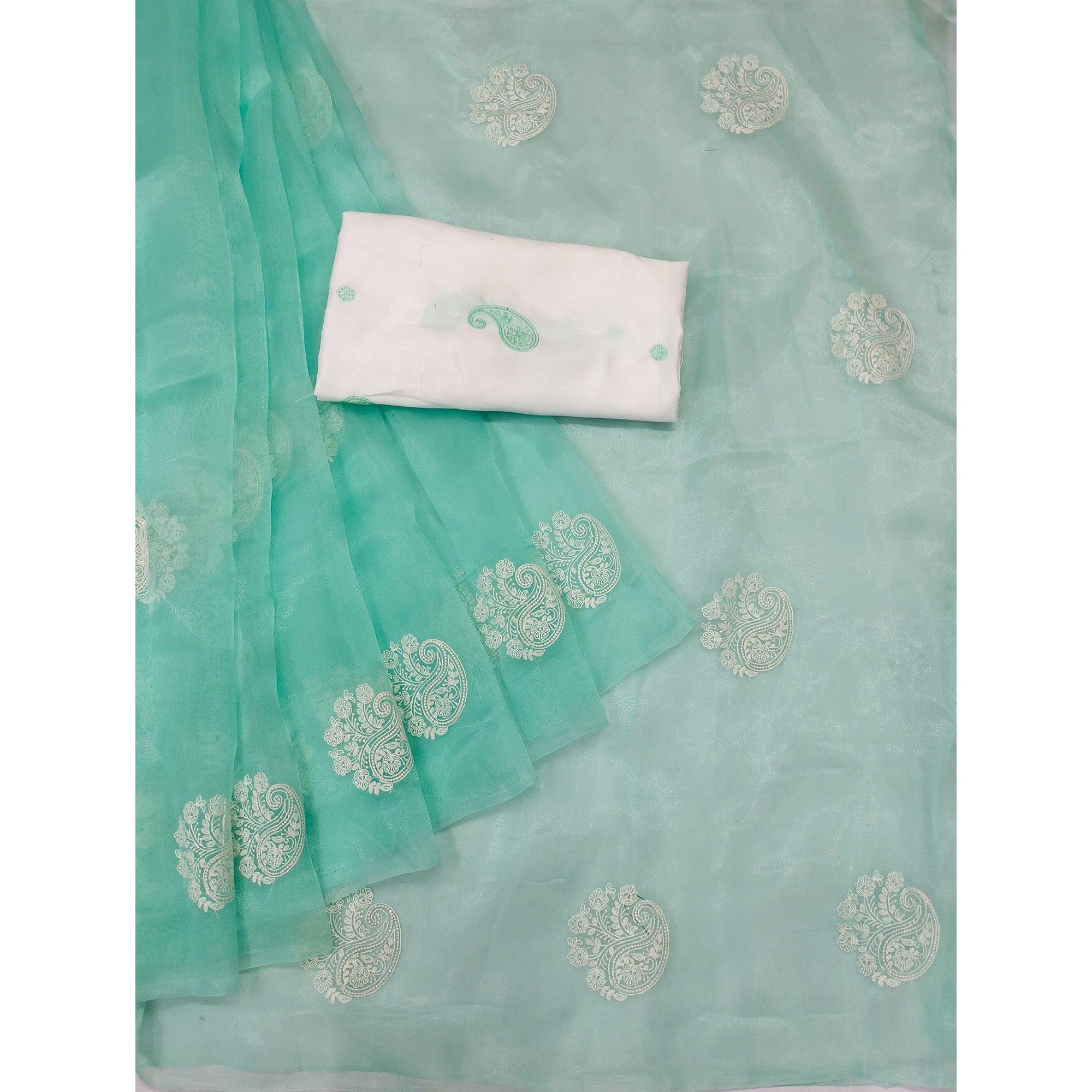 Turquoise Embroidered Organza Saree - Peachmode