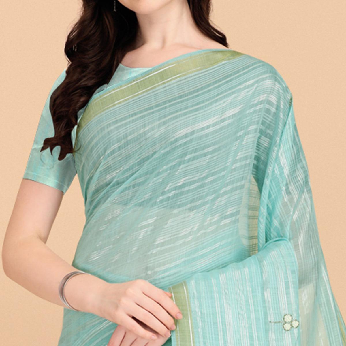 Turquoise Embroidered Poly Cotton Saree - Peachmode