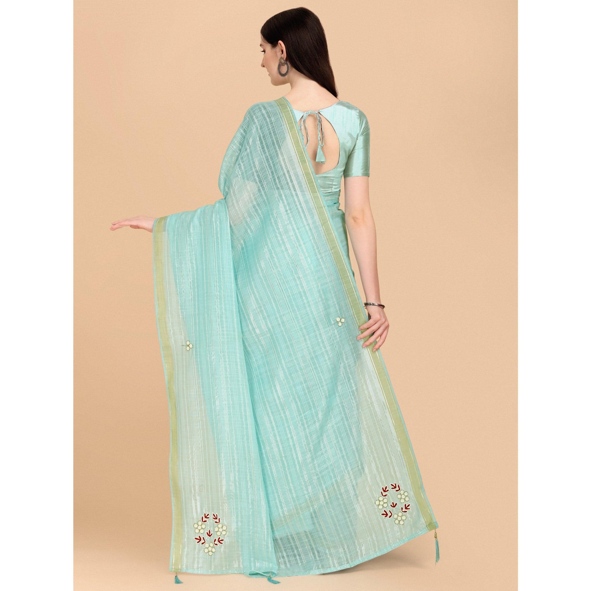 Turquoise Embroidered Poly Cotton Saree - Peachmode