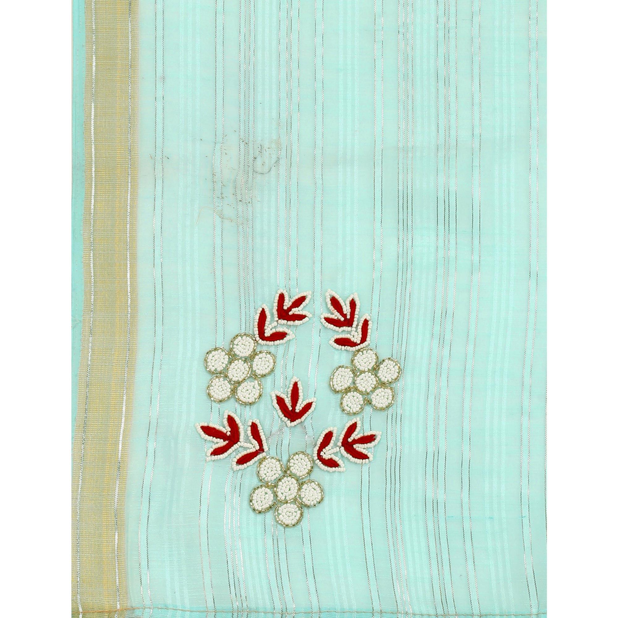 Turquoise Embroidered Poly Cotton Saree - Peachmode