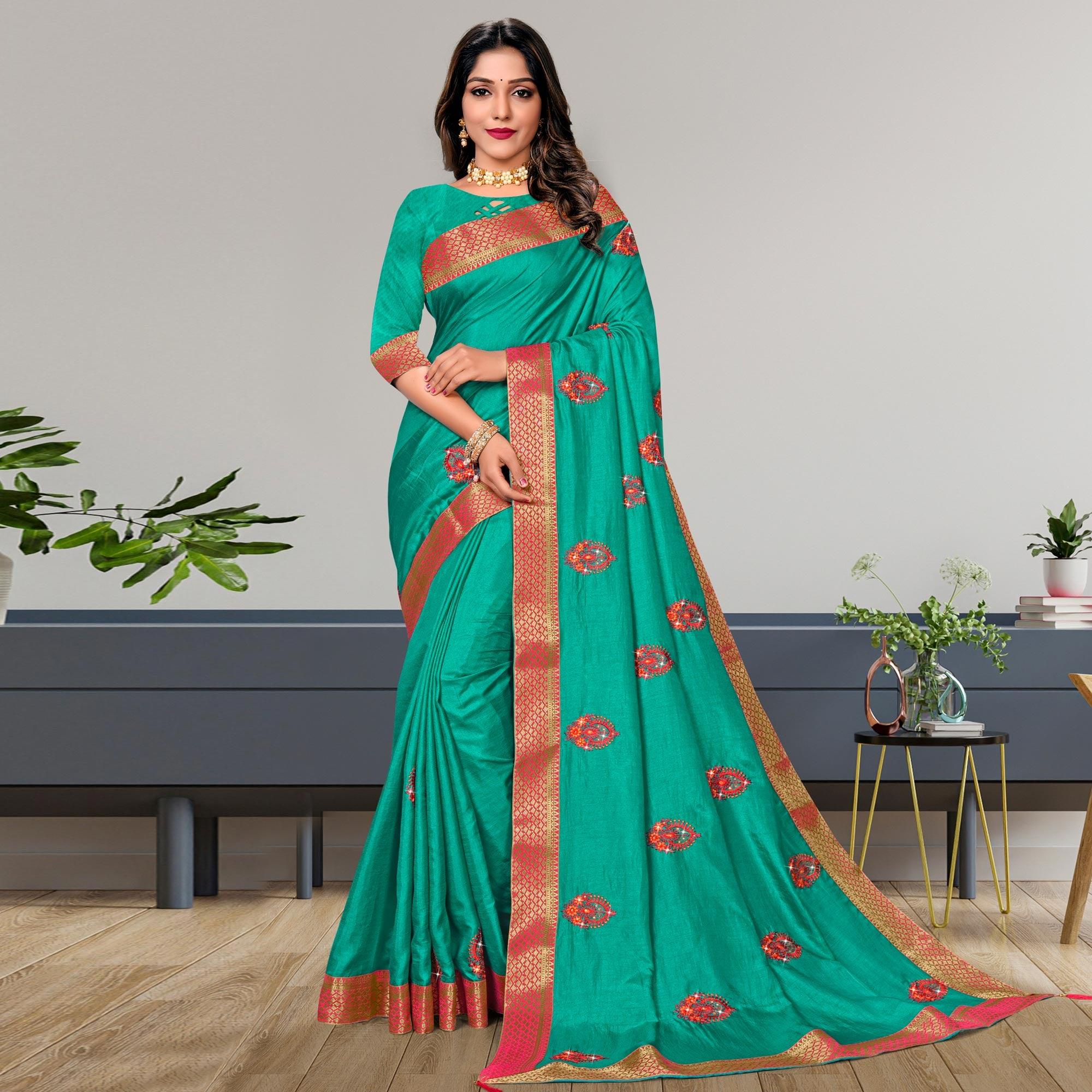 Turquoise Embroidered Vichitra Silk Saree - Peachmode
