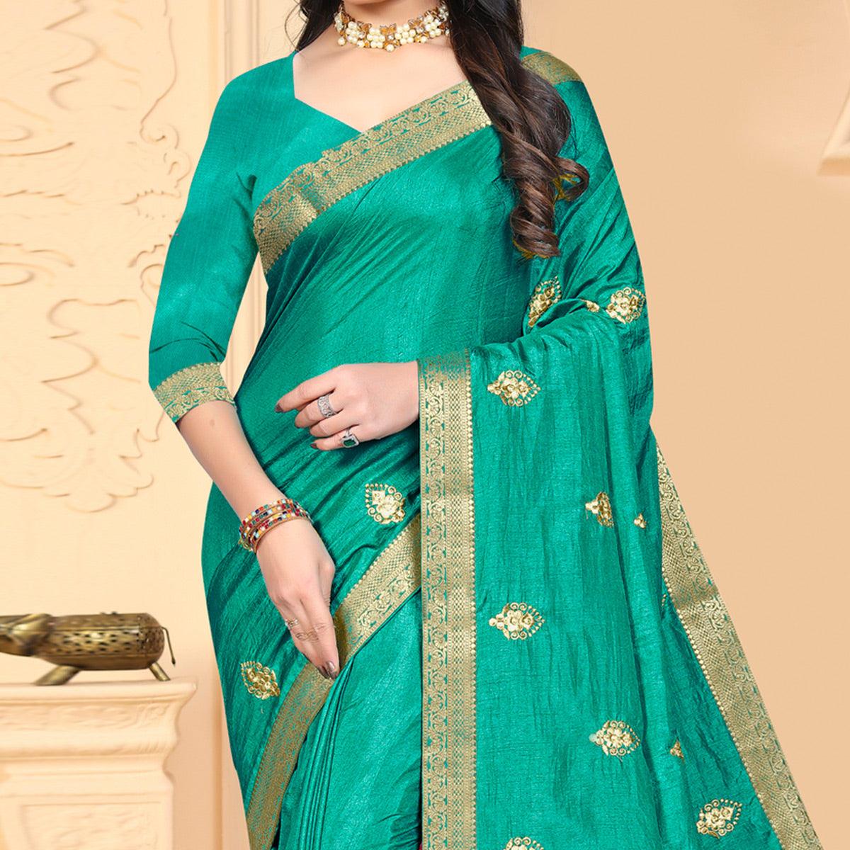 Turquoise Embroidered Vichitra Silk Saree - Peachmode