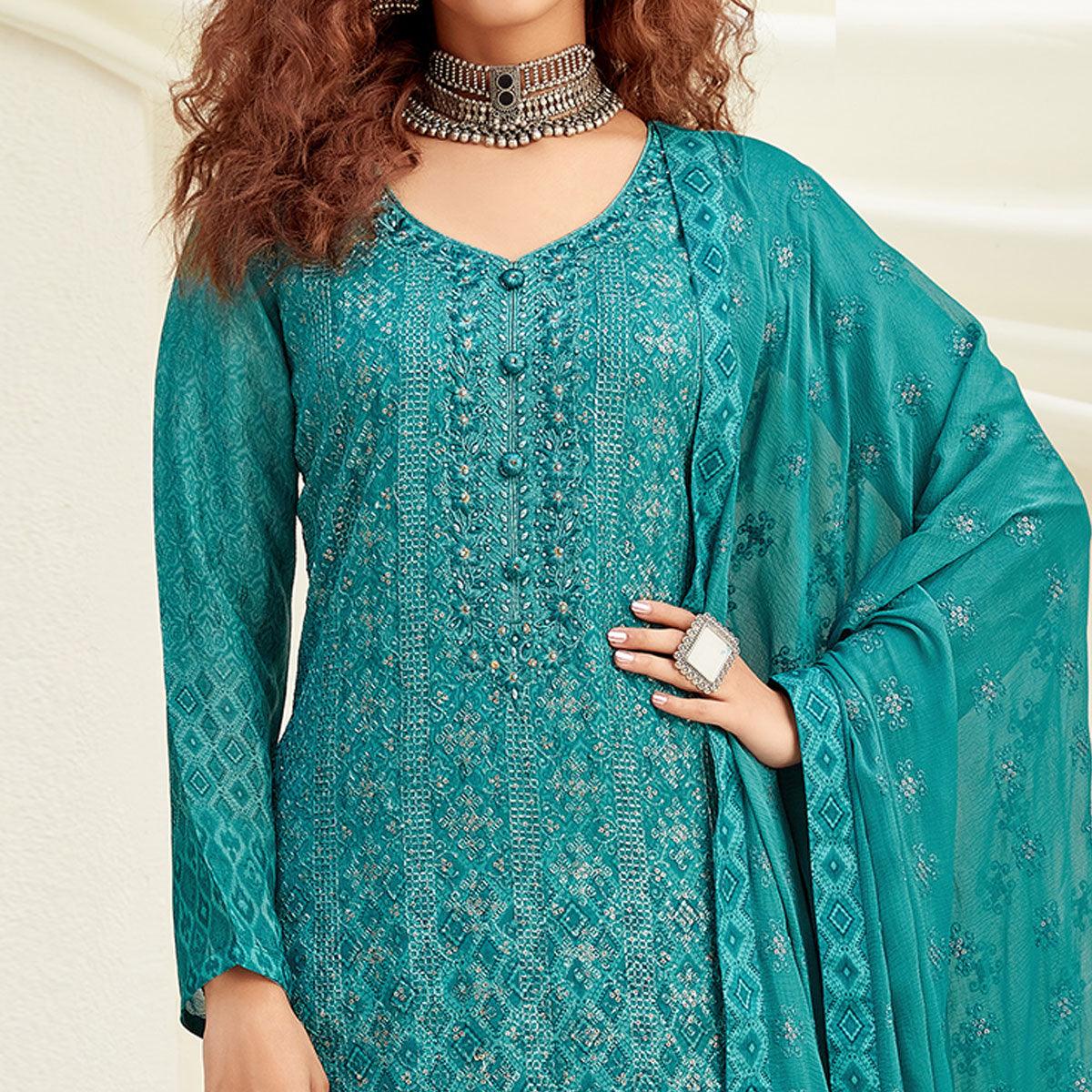 Turquoise Embroidered With Digital Printed Partywear Pure Viscose Palazzo Suit - Peachmode