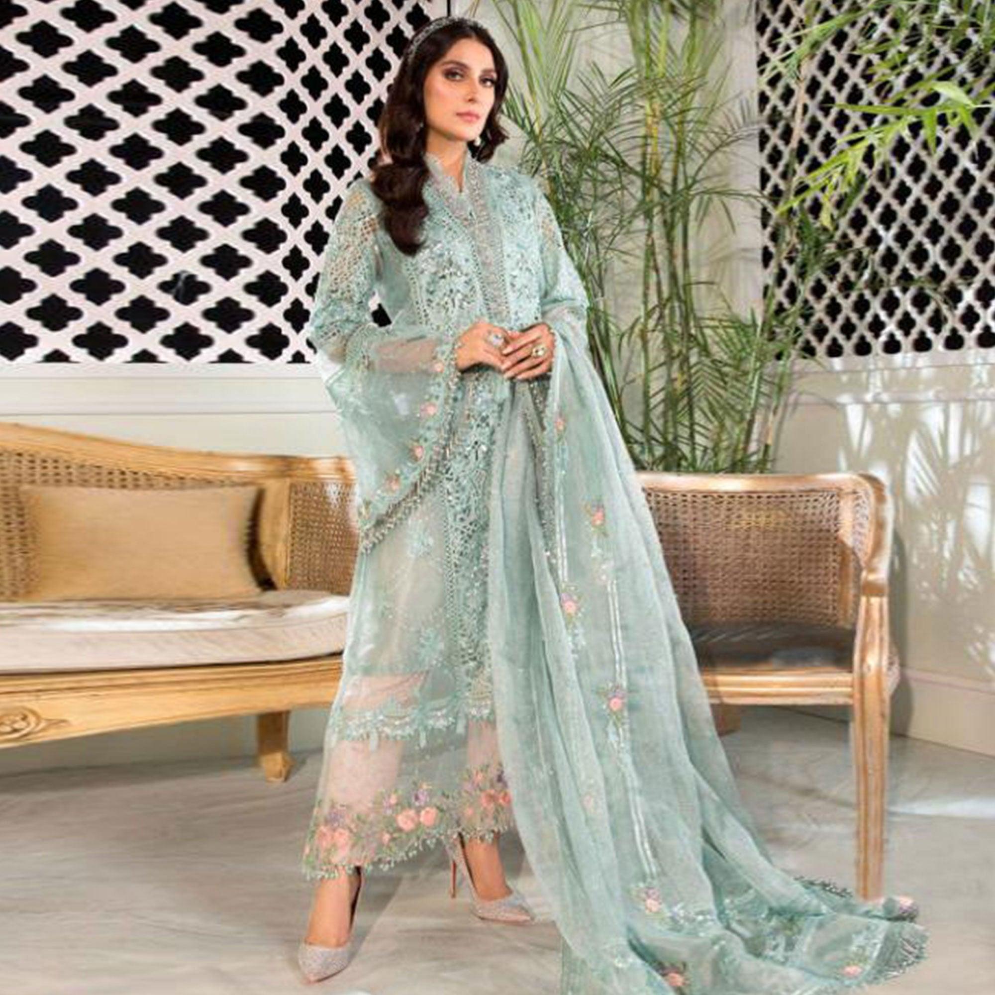 Turquoise Embroidered With Embellished Net Pakistani Suit - Peachmode