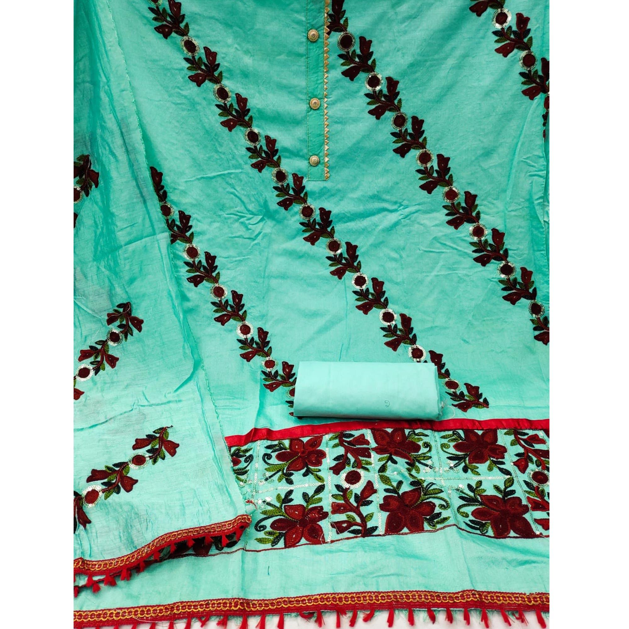 Turquoise Embroidered With Embellished Poly Cotton Dress Material - Peachmode