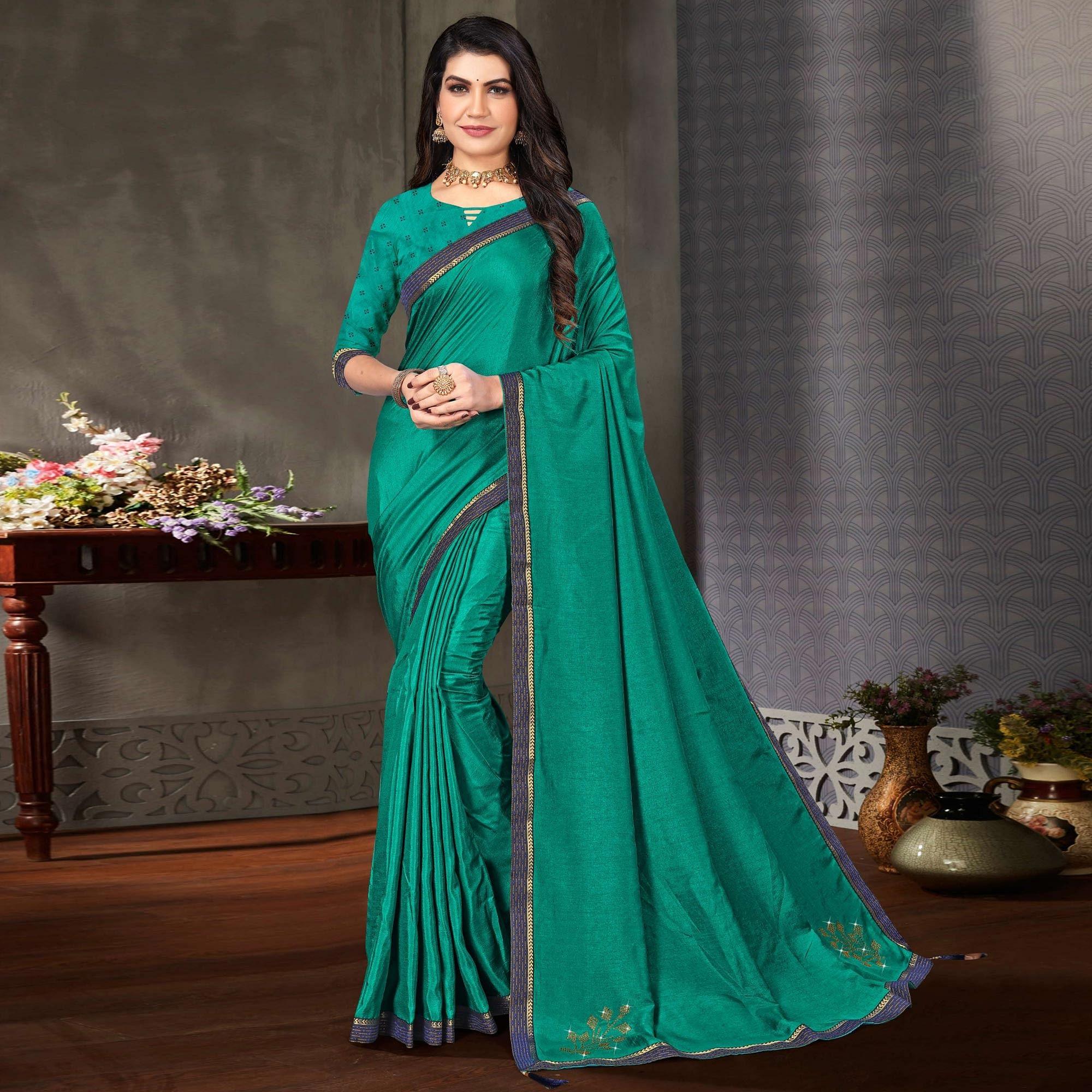 Turquoise Festive Wear Embellished Art Silk Saree - Peachmode